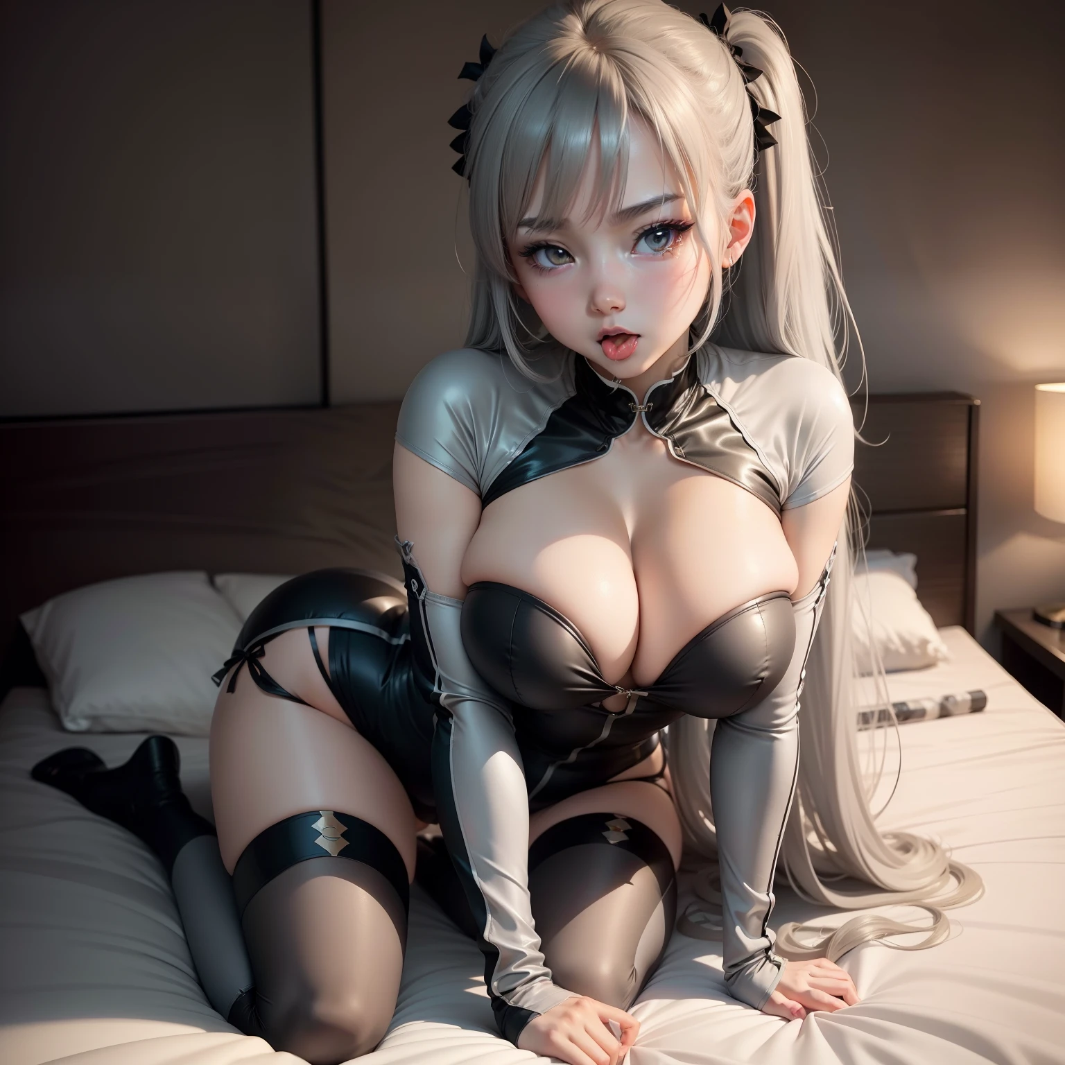 Anime ,Tsundere,closeup cleavage,Exquisite makeup,Facial ,Childlike big breasts,Gray hair,Stick out your tongue,multiple persons,dewpoint,onbed,tightsuit,Long legs,Raised sexy