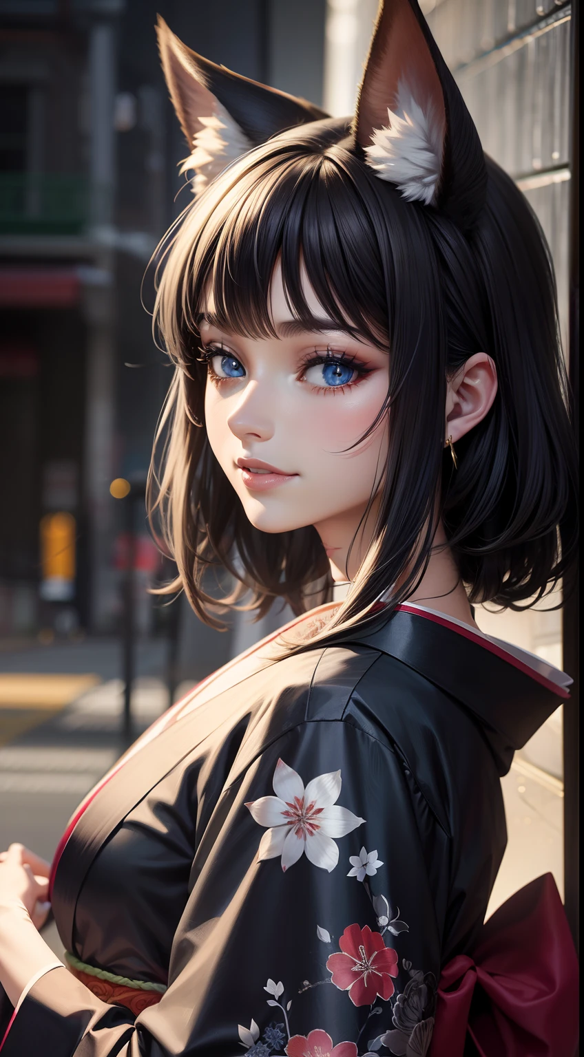 grown woman,cabelos preto e longos,eBlue eyes,White fox ears,The kimono is all open,ssmile,tmasterpiece,high high quality
