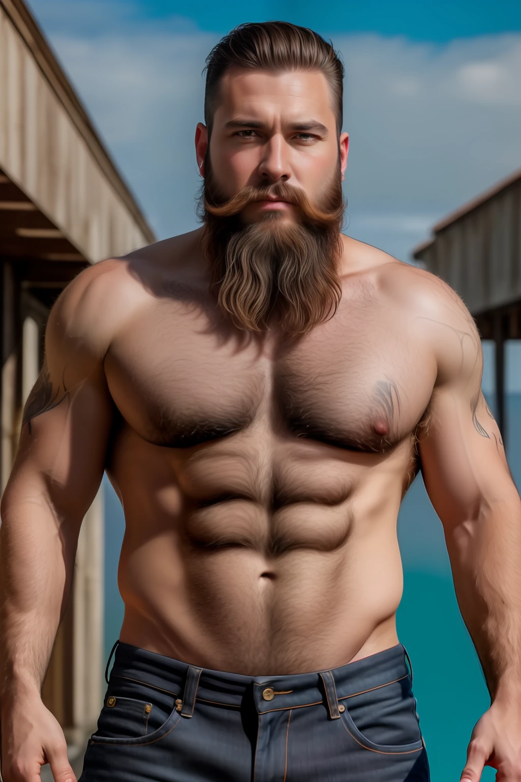 Raw photo, portrait of a Hairy man, beard, no t-shirt, bermuda jeans, big bulge, (detailed skin:1.2), (hyper-realistic:1.3), (hyper-detailed, uhd:1.3), (photorealism:1.3)