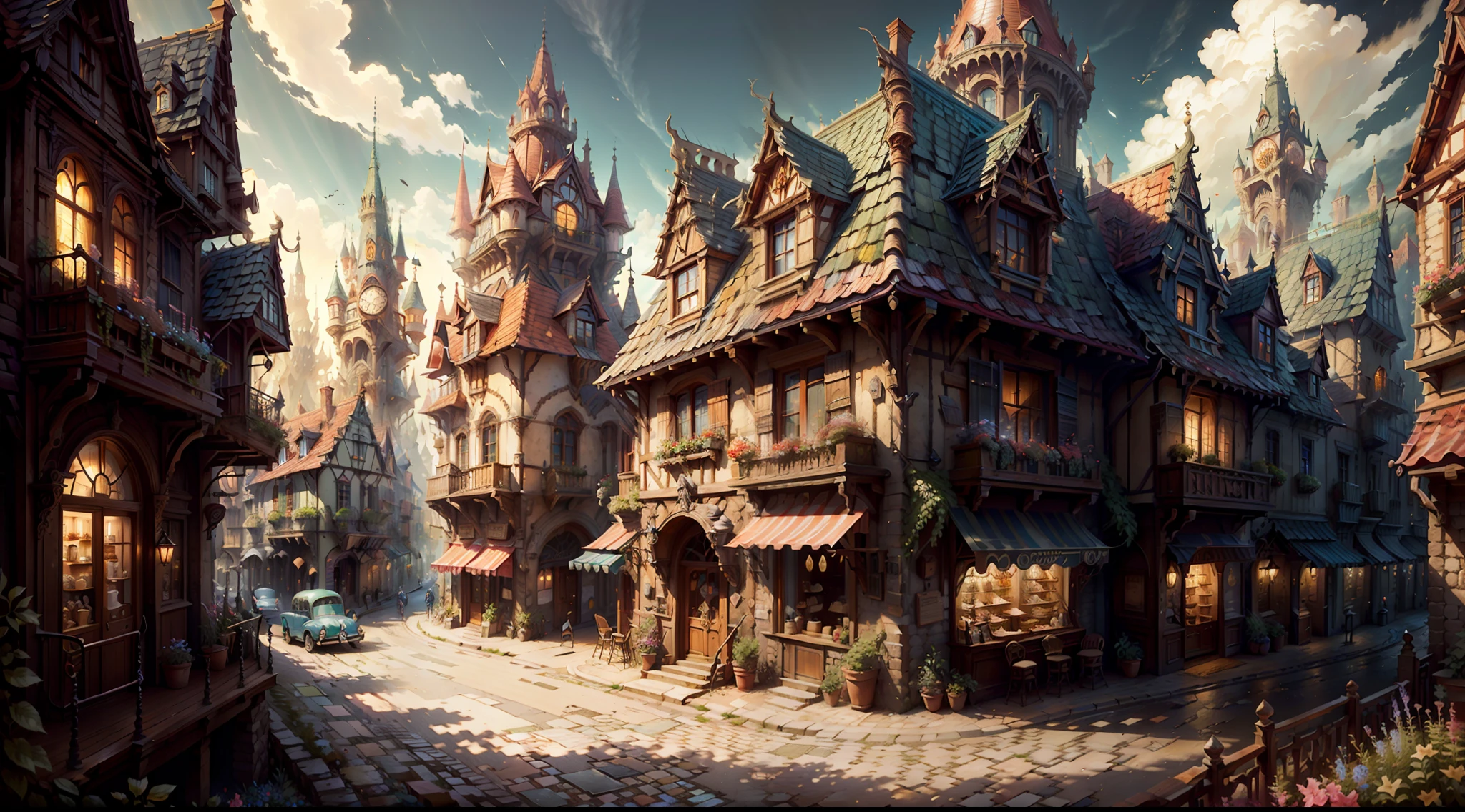 "picturesque townscape: breathtaking architecture in Art Nouveau style, ((paved street)), ((cafe in the background: 0.5)), ((magic shops: 0.5)); town square, charming, vibrant cityscape, [cars], enchanting magical fantasy ambiance, (masterpiece), (best quality), (ultra-detailed) beautiful surroundings in the background, many flowers and trees, insanely detailed and intricate, hypermaximalist, elegant, ornate, hyper realistic, Cinematic Lighting, Panorama, scenery"