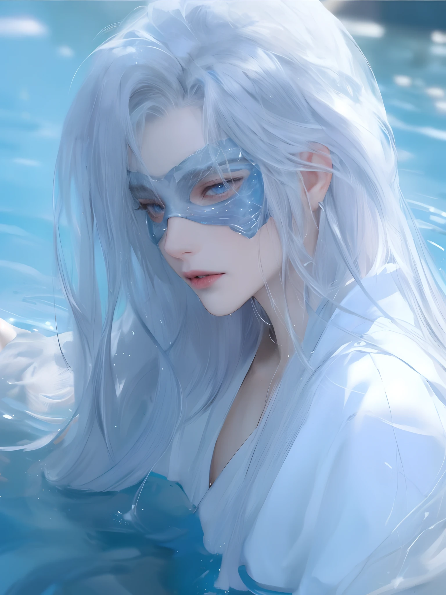 mtu，high and cold，cool guy，white hanfu，paleskin，National style beautiful boy，Long gray-white hair，Blue translucent fluid eye patch，，Expose the chest，Redlip，blue color eyes，Evil laughter，unholy，long whitr hair，Blue-gray hair，In the blue water，Beautiful semi-three-dimensional，Realistic facial features，Water，full bodyesbian，vivaciousness，Best picture quality，depth of fields，Sense of line，Beautiful，