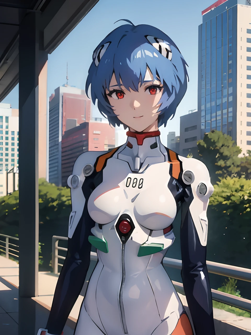 masterpiece, best quality, 1girl, ayanamirei, eva00plugsuit, interface headset, looking at viewer, light smile, city park,upper body,  cyber city