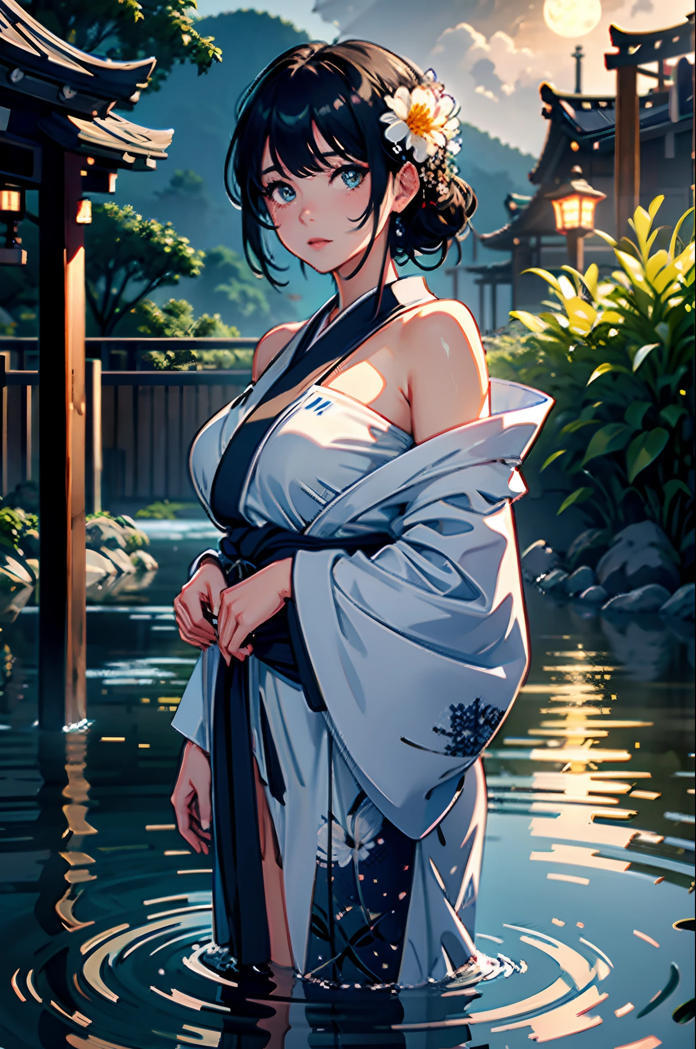 1girl, ???????, moon, lantern, night, solo, ?????????????, hair ornament, wet, kimono, japanese clothes, wading, water, hair flower, flower, outdoors, sky, full moon, rain, black hair, off shoulder, mountain, cloud, holding, sash, ???? shoulders, paper lantern, standing, white kimono, night sky, sideboob, obi, wet clothes, bangs, tree, from side, reflection, short hair, cloudy sky, wet hair (((masterpiece),(extremely detailed CG unity 8k wallpaper),best quality,,solo,1girl,cinematic lighting,detailed background,beautiful detailed eyes,bright pupils, (an extremely delicate and beautiful),(Beautiful and detailed eye description)， ultra-detailed,masterpiece,)),