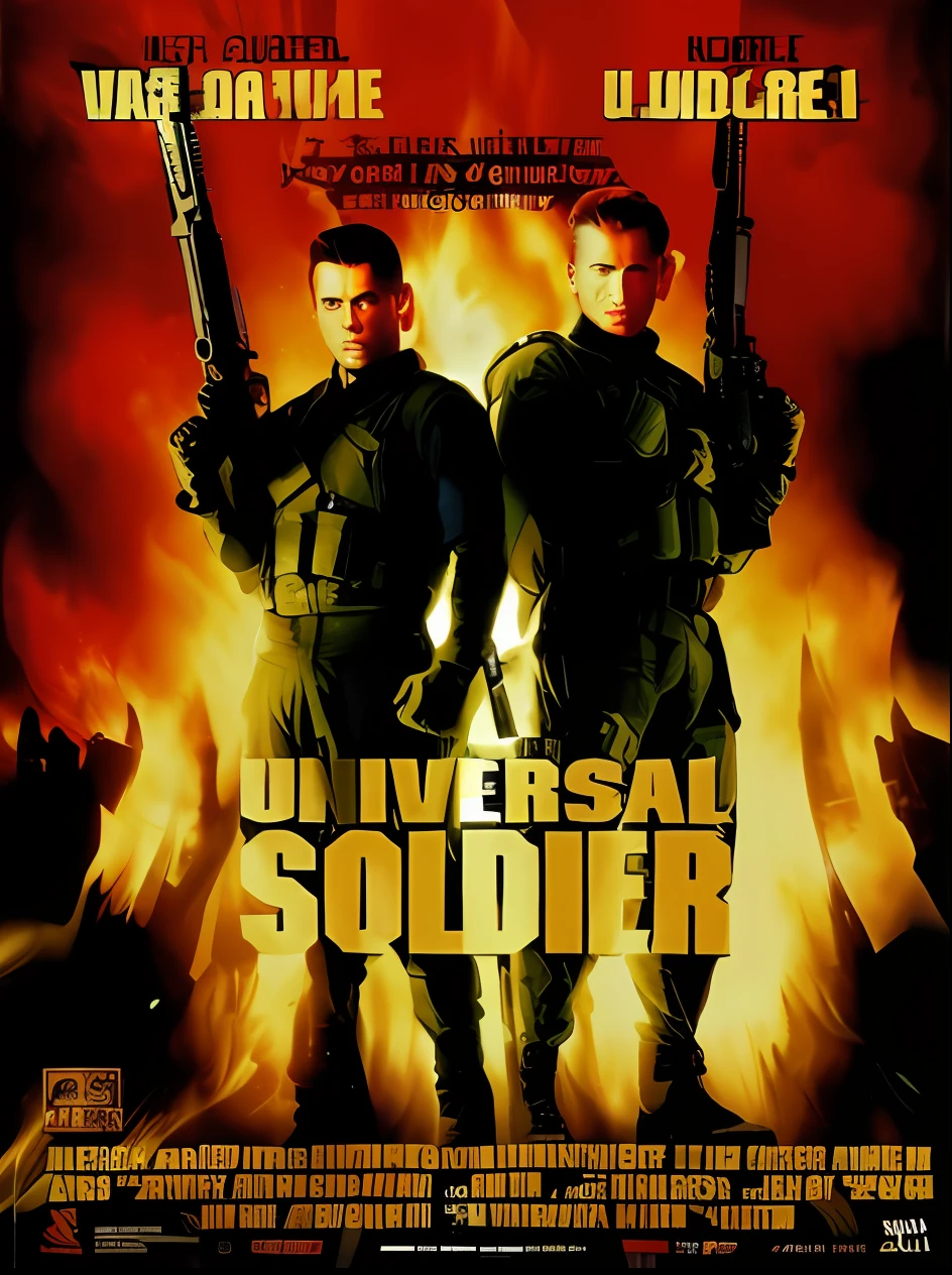 A movie poster for Universal Soldier starring two men with guns, universal, Filme de 1995, Soldados, soldado, Soldados dos EUA, Filme de Ridley Scott, Super soldado, action film, Universo Ridley Scott, Ridley Scott Filme, classic 8 0 s flick ), soldado guerrilheiro, Poster de arte de filme mais vendido, sci-fi classic, soldados humanos, Poster de filme mais vendido