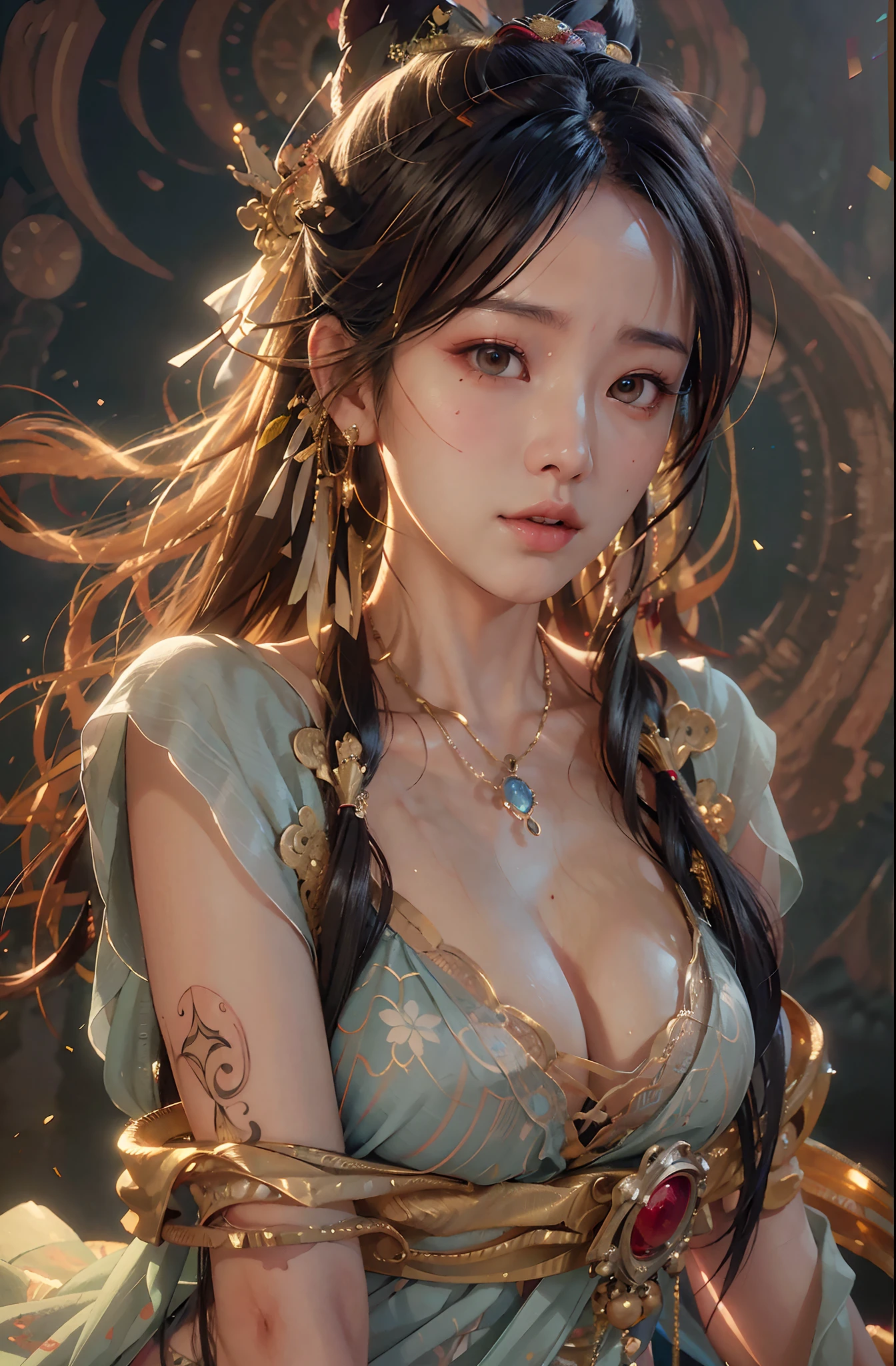 (RAW photo, best quality), (realistic, photo-realistic:1.3),best quality,highly detailed,masterpiece,ultra-detailed,illustration,1girl,upper_body,dynamic angle,world masterpiece theater,messy_long_hair,best quality,extremely detailed CG unity 8k wallpaper,ink,Amazing,cinematic lighting,lens_flare, dunhuang_style