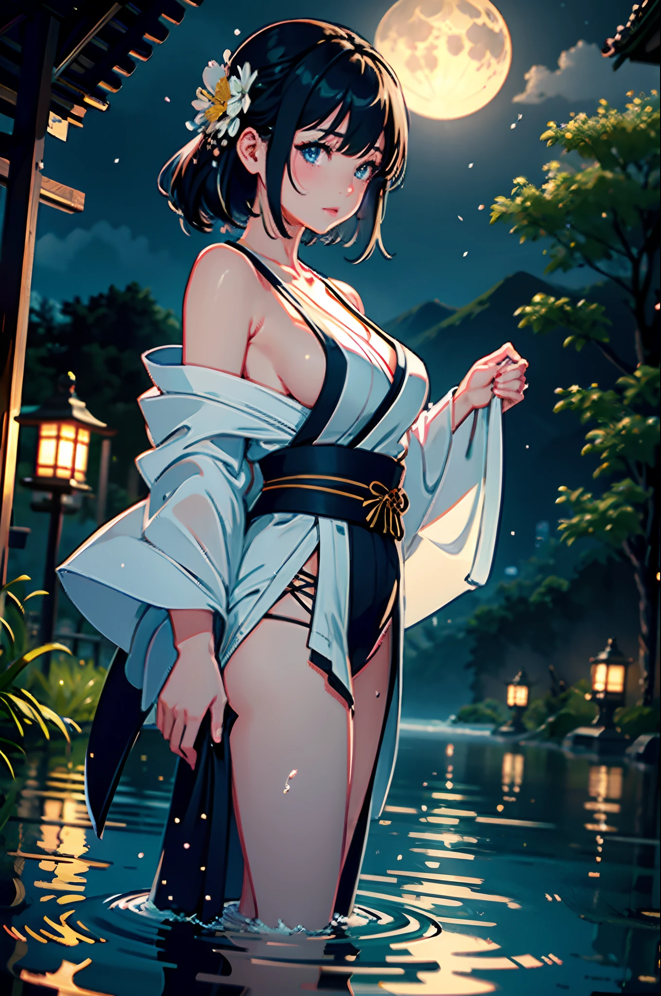 1girl, breasts, moon, lantern, night, solo, large breasts, hair ornament, wet, kimono, japanese clothes, wading, water, hair flower, flower, outdoors, sky, full moon, rain, black hair, off shoulder, mountain, cloud, holding, sash, bare shoulders, paper lantern, standing, white kimono, night sky, sideboob, obi, wet clothes, bangs, tree, from side, reflection, short hair, cloudy sky, wet hair (((masterpiece),(extremely detailed CG unity 8k wallpaper),best quality,,solo,1girl,cinematic lighting,detailed background,beautiful detailed eyes,bright pupils, (an extremely delicate and beautiful),(Beautiful and detailed eye description)， ultra-detailed,masterpiece,)),