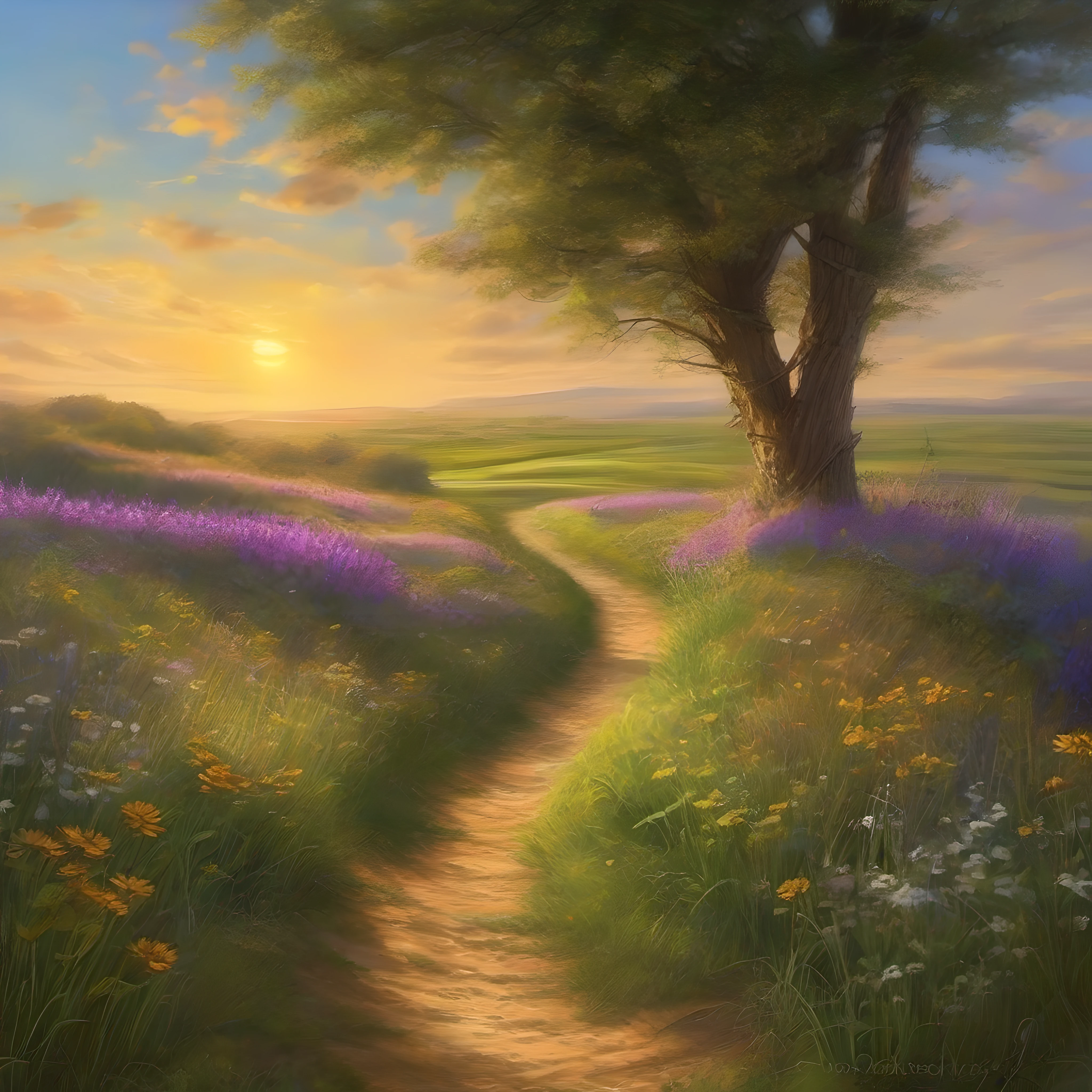 I decide to follow the dirt path that leads across the open field, curious to see where it will take me on this sunny morning walk. The path is narrow but easy to follow, winding through the tall grass and wildflowers that sway gently in the breeze.