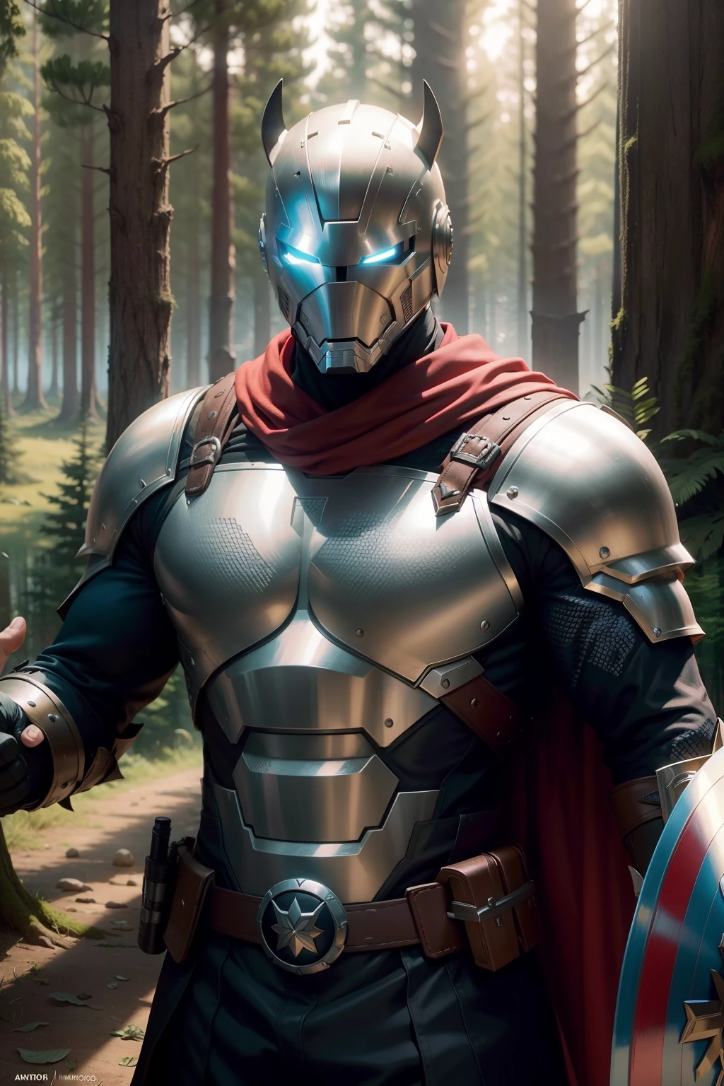 the avengers - ultimato, em uma armadura medieval com suas armas medievais, intimidador, Epic backdrop of grassy forest and evergreen light, escudos e espadas espalhados, magical ambiance.