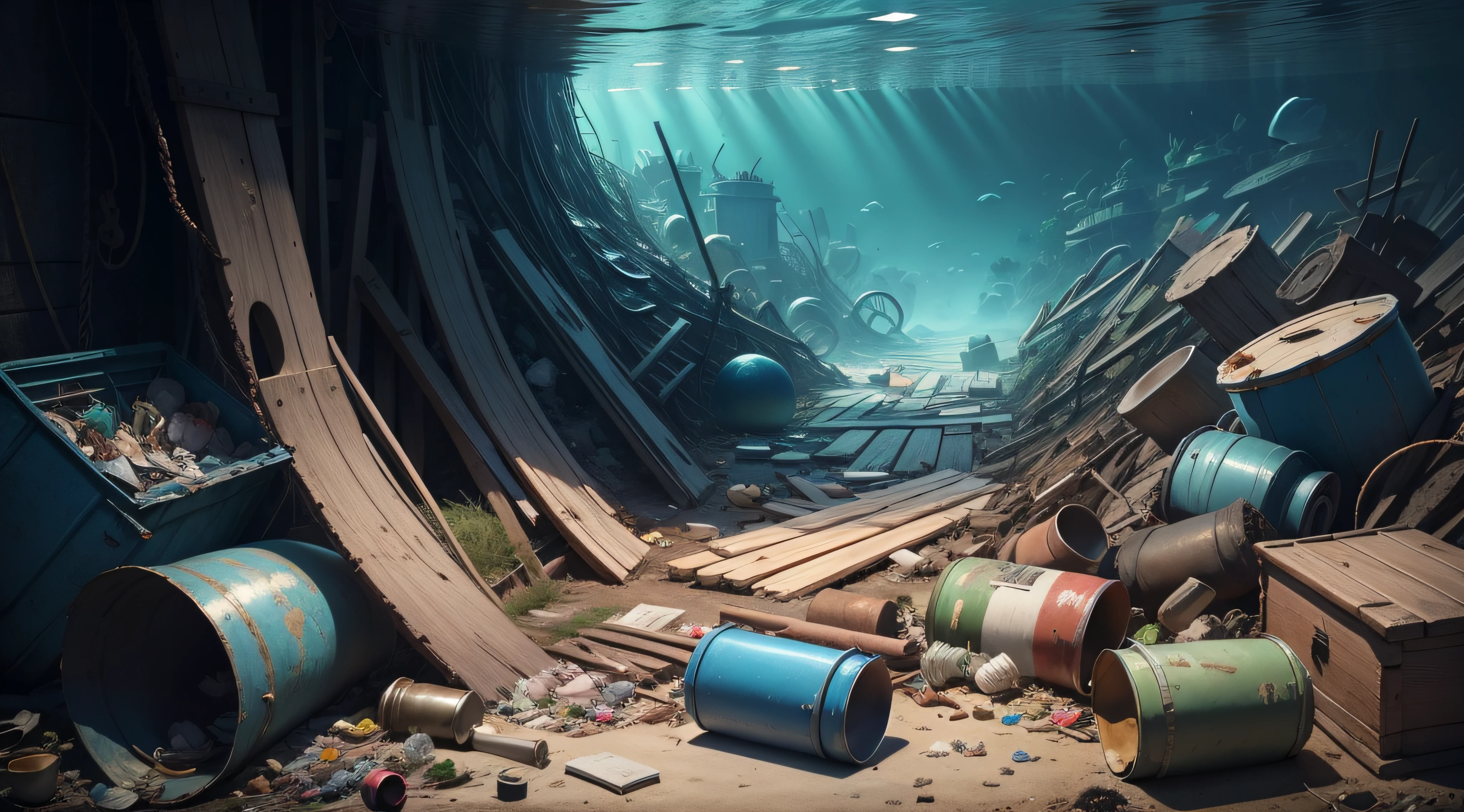 Under the sea full of garbage、empty can、Wood、raunchy、Dirty sea