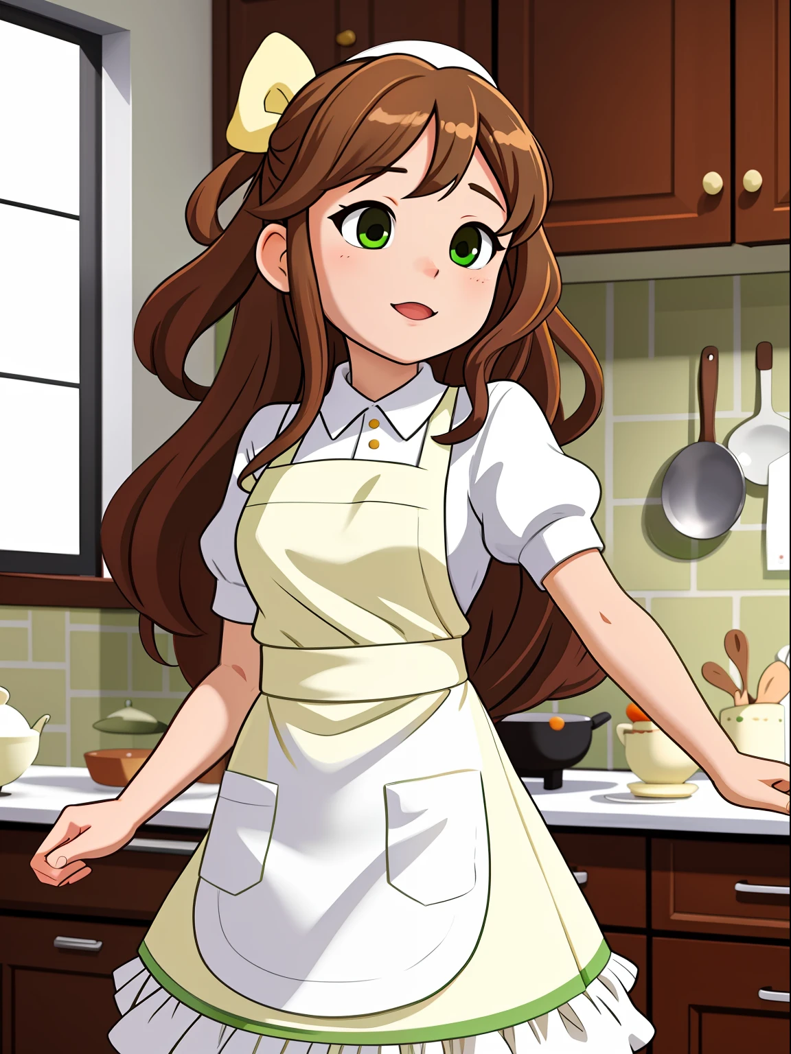 masterpiece,best quality, high resolution, extra detailed, 1girl midorizakikasumi, cooking a cake, long hair, white apron, green dress, dynamic angle, kitchen