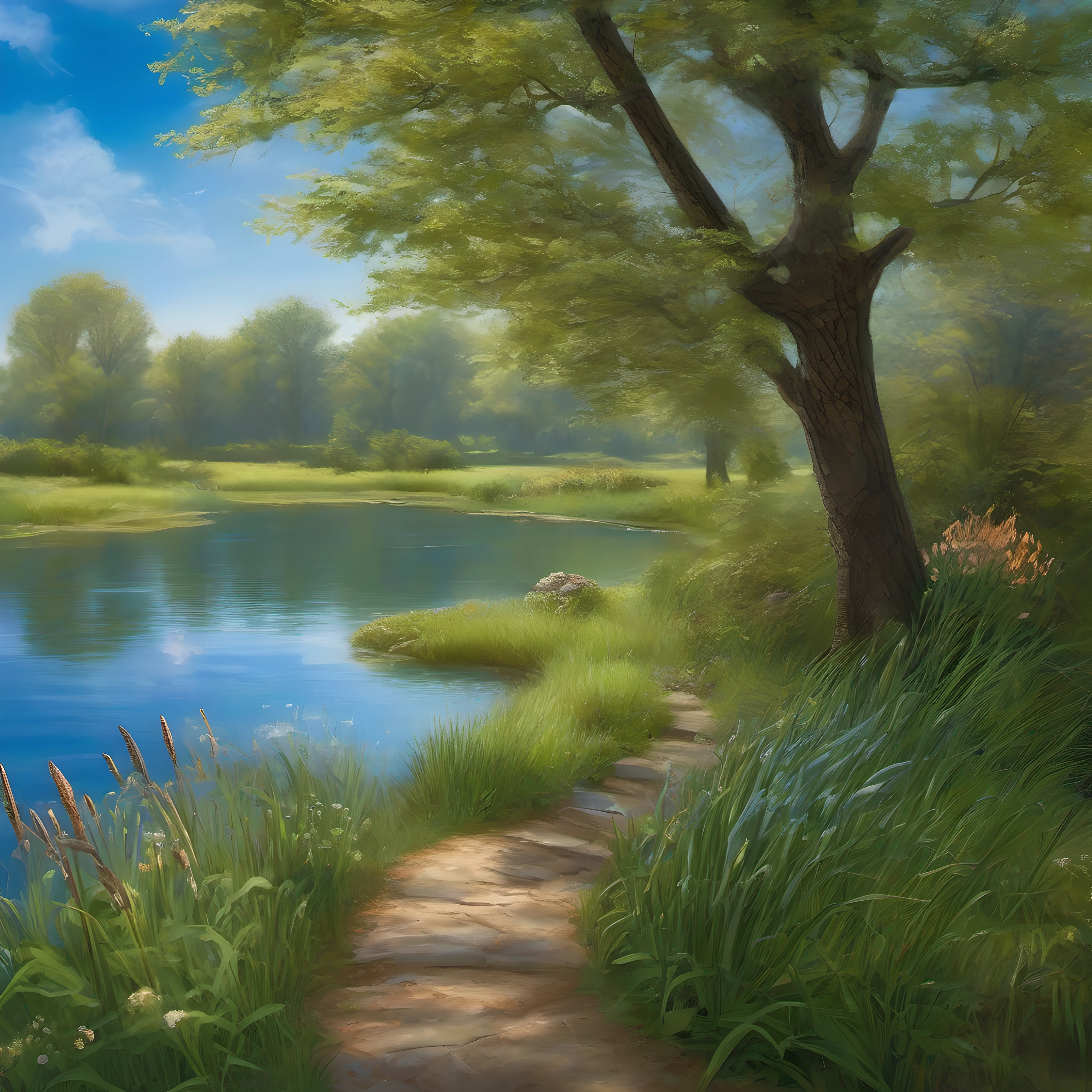 I decide to first take the main path curving left toward the pond. As I get closer, the pond reveals itself to be larger than expected, with crystal clear water that reflects the blue sky above. Cattails sway along the edges. I find a nice shady spot under a tree at the water's edge to take a short break.