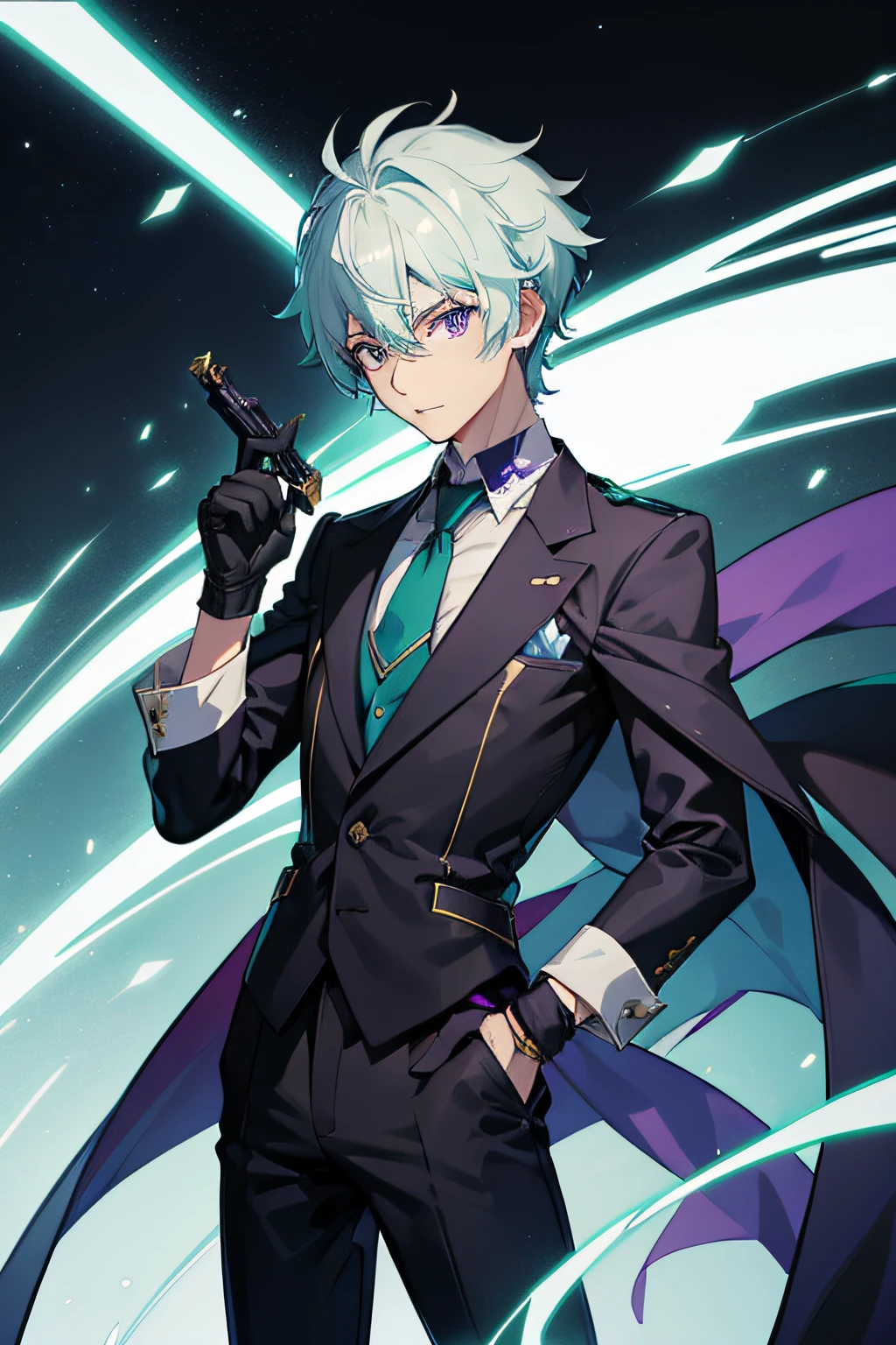 male people、Green suit、blue tie、White hair、Sharp eyes、30-years old、Gurren Lagann、black gloves、twinks、short-haired、Purple eyes、Holding a mask in your hand、Standing Picture