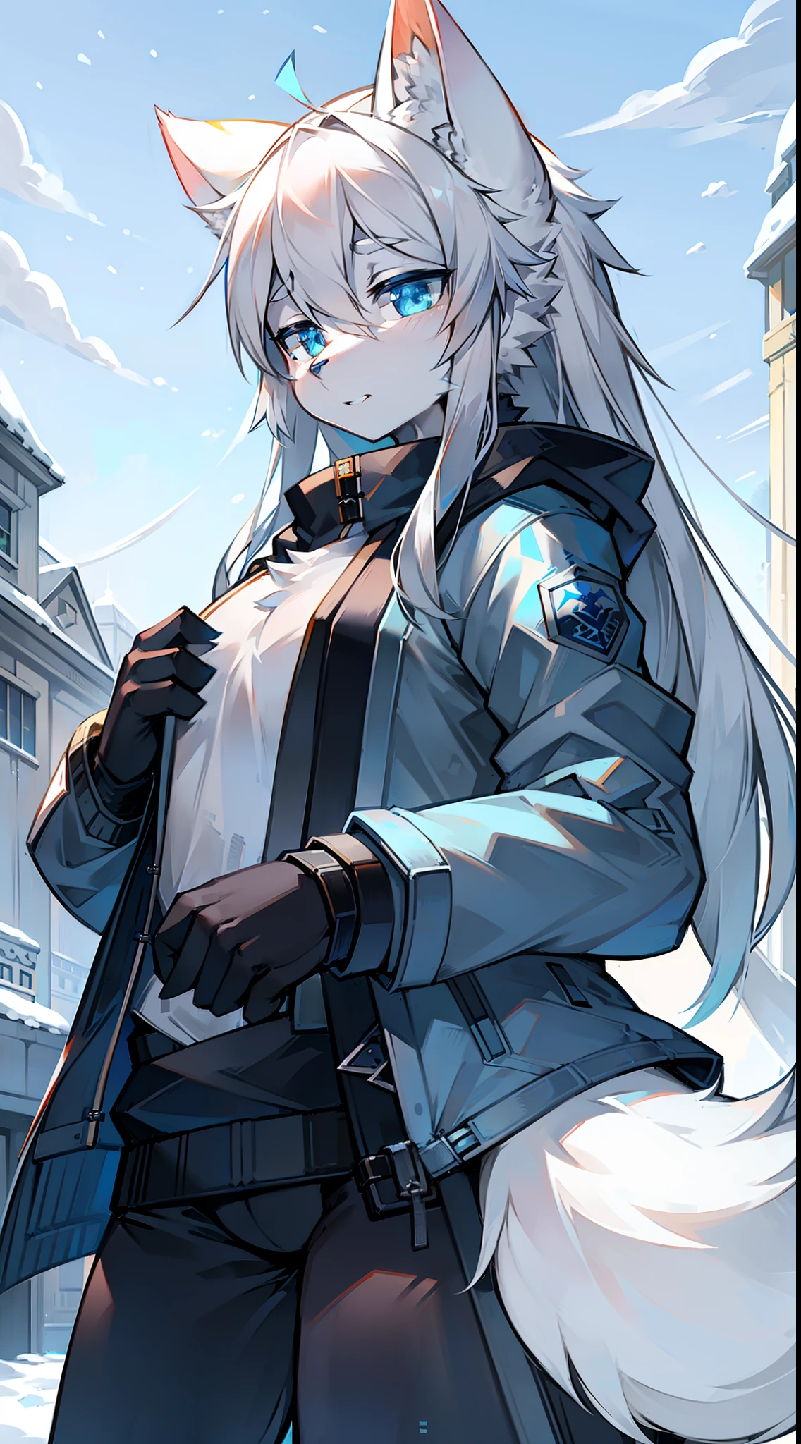 ports,snow country,White building,extreme light,Big-tailed wolf,blue color eyes,grey long hair,down jacket