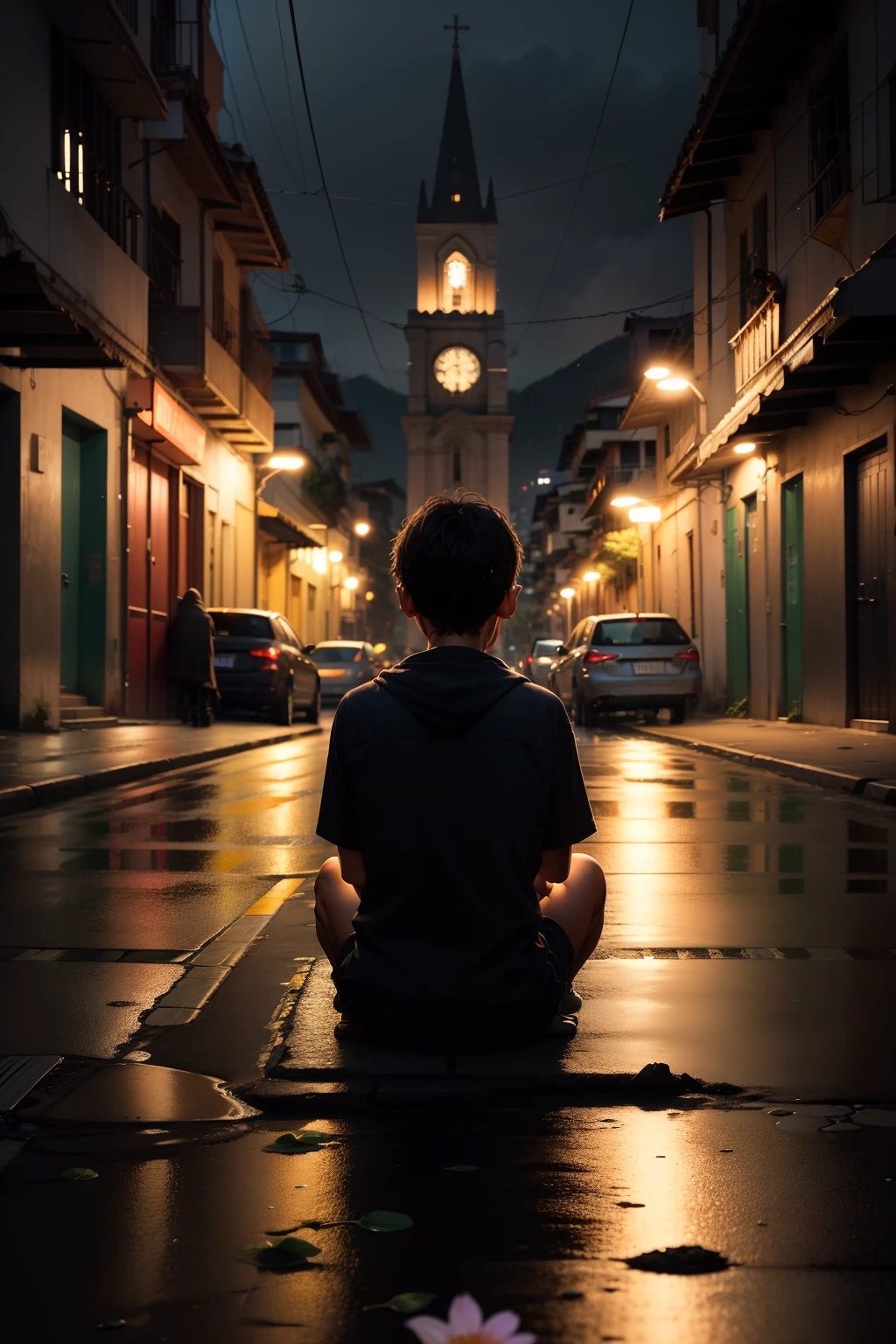 it is a night with light rain, a boy is sitting on the sidewalk watching a flower that is born on the asphalt, the scene is of a favela and there is a church with a tower and a big cross.