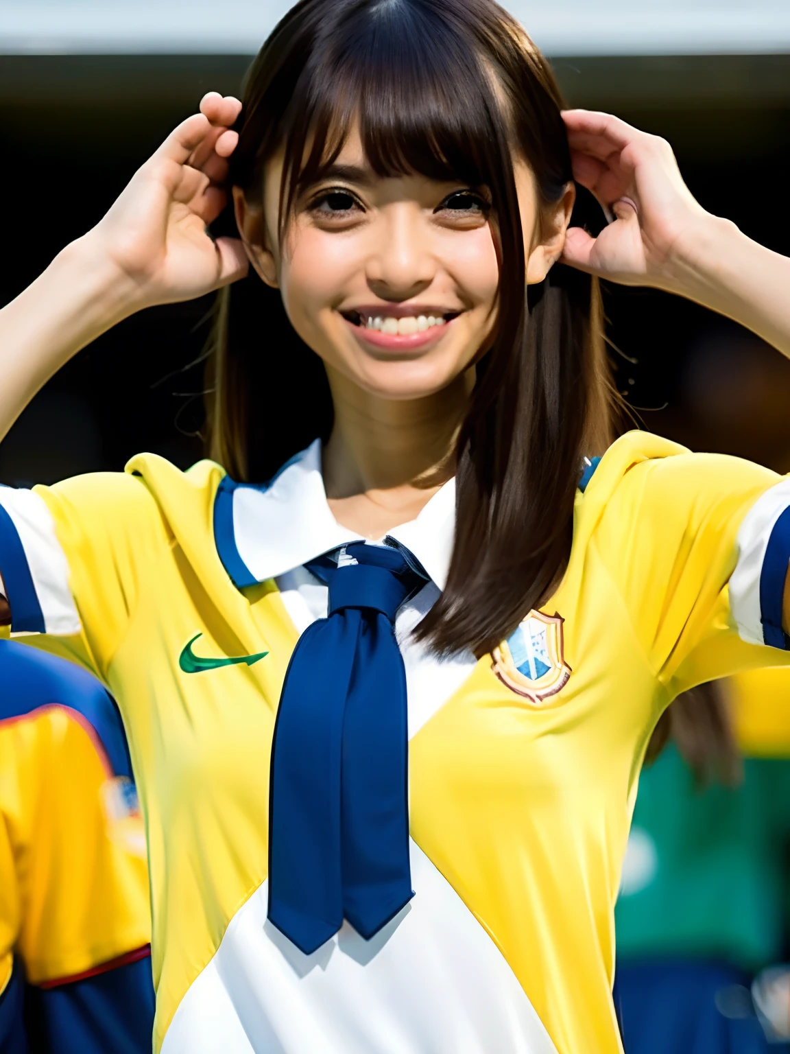 1girl, solo, (melhor qualidade), (obra-prima: 1.1), corpo inteiro, looking_at_viewer, dinamic angle, school uniform, colors of the Brazilian national team;, bonito, pele facial clara,