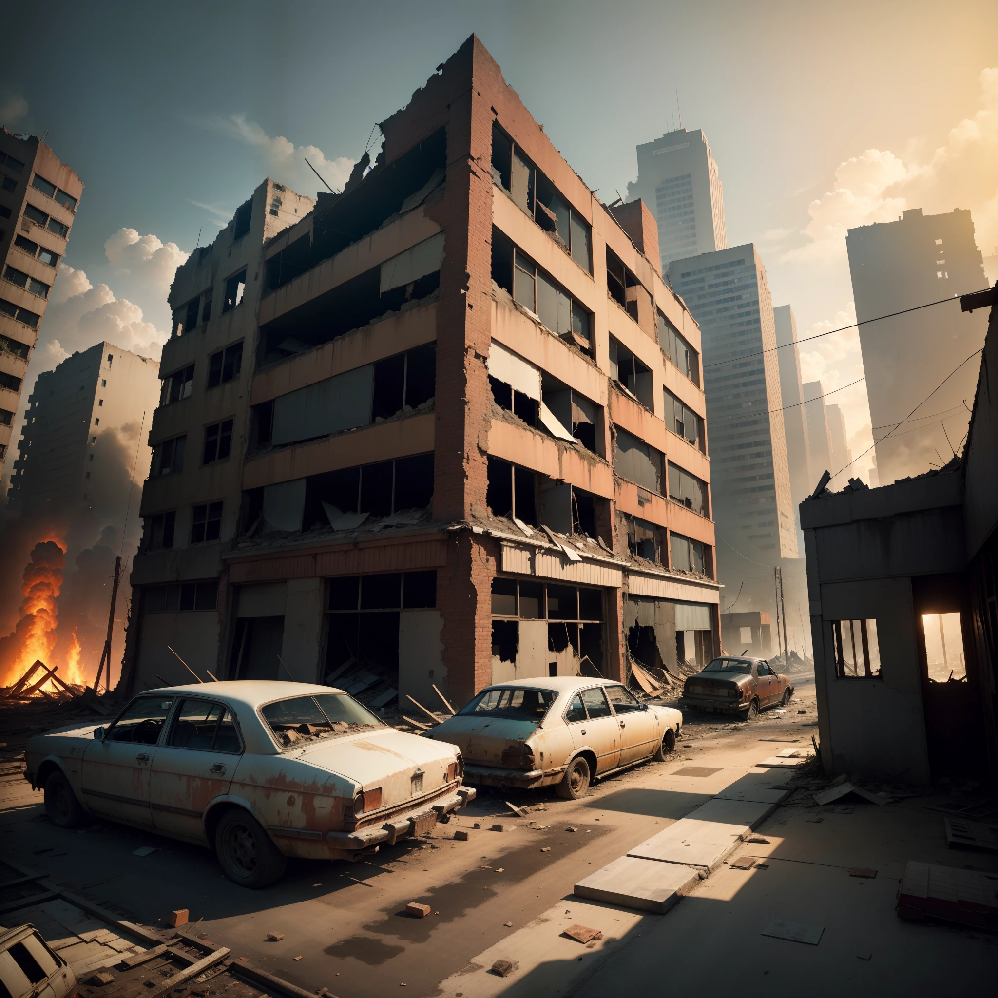 Abandoned cities, dilapidated roads, collapsed buildings, rusted vehicles, cluttered, and fires caught fire in some floors