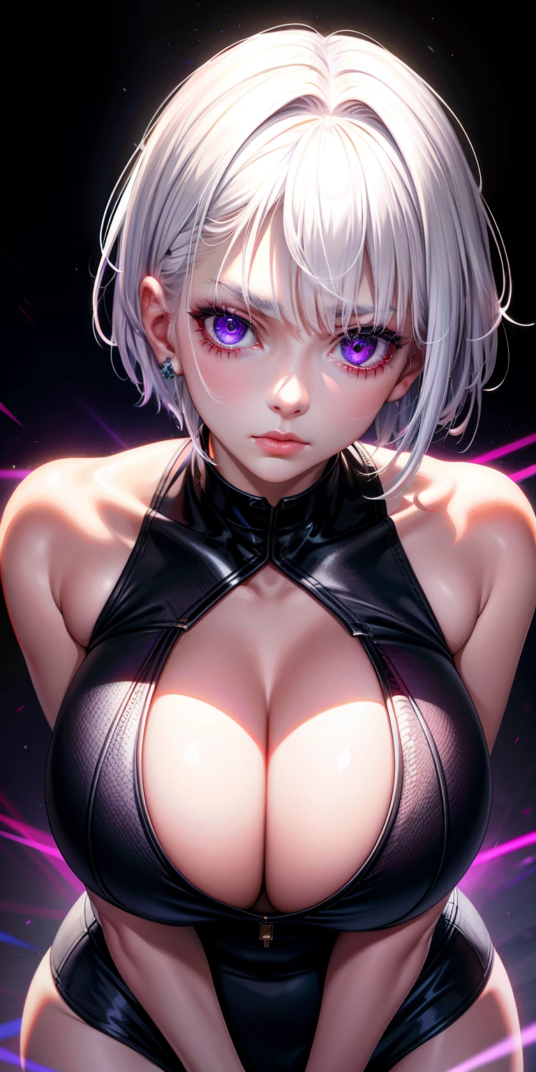 realisticlying，1girll，White hair，Purple eye，glowing light eyes，Raised sexy，parted lip，Be red in the face，the night，short detailed hair，Huge，Bend over