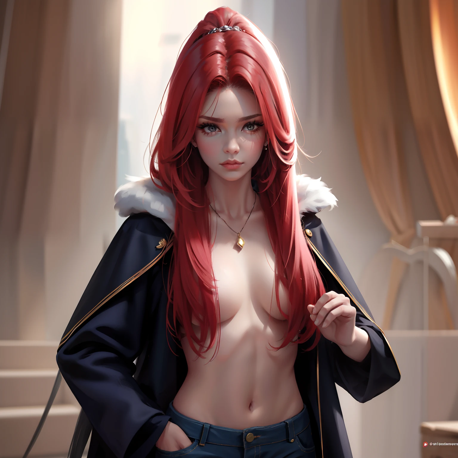 melhor qualidade, extremely high-resolution, obra-prima, cabelo longo,cabelos pretos, olhos vermelhos escarlate, no expression, hands in a pocket, jaqueta vermelha aberta, barriga nua, cropped, foto da parte de cima, olhando para o telespectador, linda,