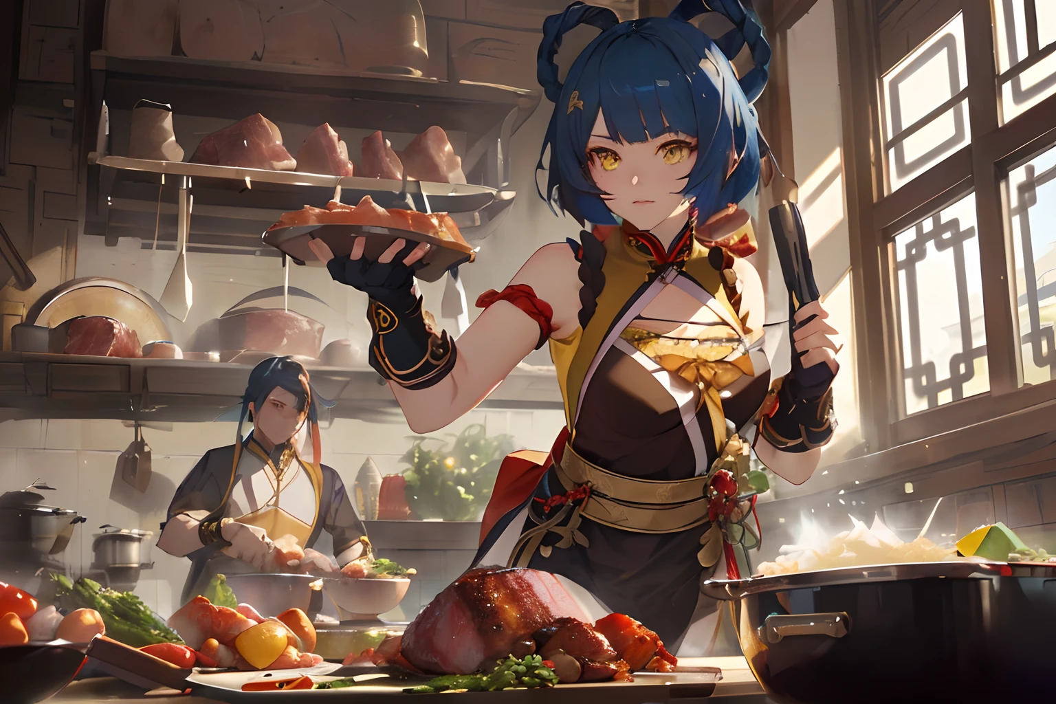 anime girl with blue hair and yellow eyes, xiangling from genshin impact, anime style 4 k, 2. 5 d cgi anime fantasy artwork, artgerm and atey ghailan, badass anime 8 k, anime fantasy illustration, yellow and brown chinese clothes, cinematic shot, cooking meat