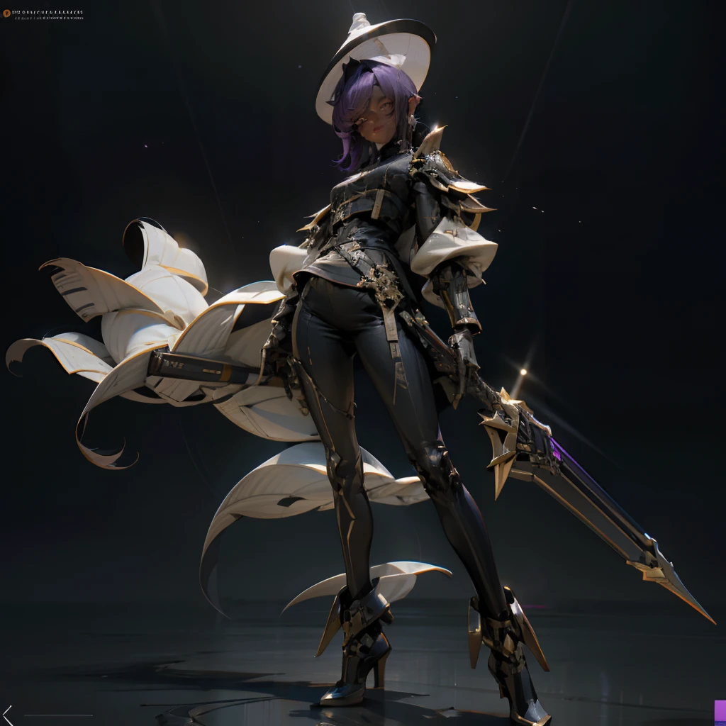 obra prima, cidade futuristas, boina, pessoas no fundo do cenario, armed with a revolver, Cyberpunk, Ultra realista, Dark skin, Como uma Yael Shelbia, ..3d, 3D-rendering, porcelana, latex, melhor qualidade, anatomia humana, cabelo roxo, cabelos reais roxo, cabelos roxo, Asymmetrical Cut Hair, cabelo em movimento, Seios enormes, anatomia humana, posando para foto, translucido, (Ethereal, Sonho), formidable, papel de parede 8k