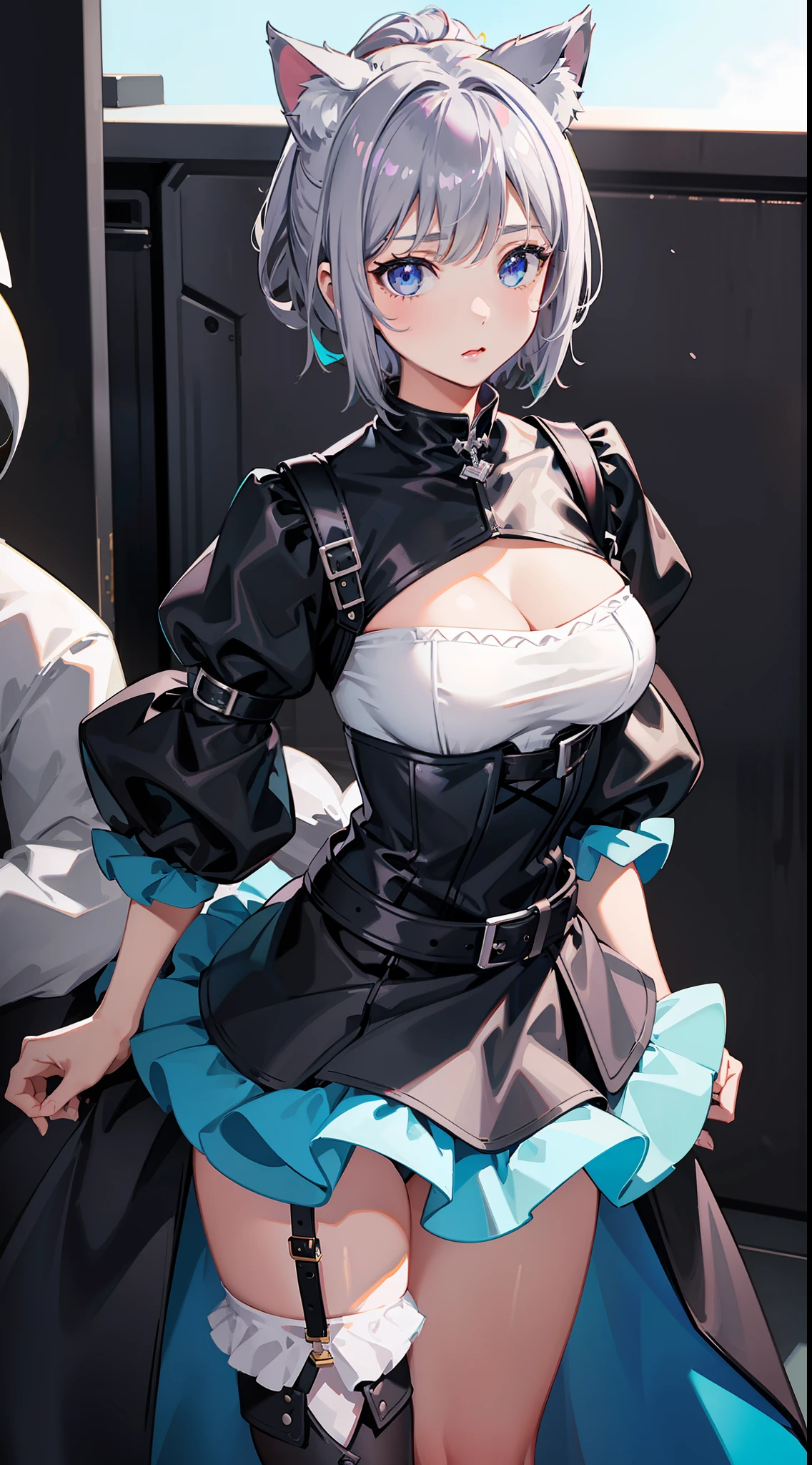 young girl, short gray hair, cat ears, high ponytail, violet eyes, Black leather tight top, white puffy sleeves, black skirt, pantyhouse, turquoise cloak, open breasts, Masterpiece, hiquality