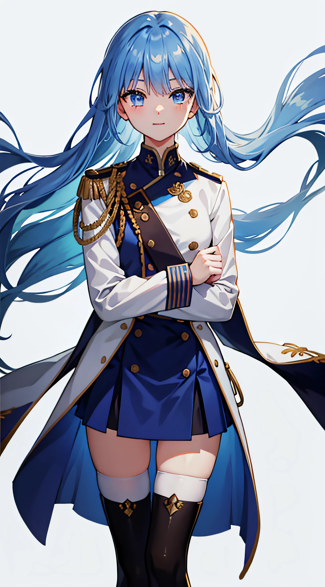 （blue  hair:1.2，blond hairbl:1.2）,(Qi bangs，eBlue eyes),(ssmile)，(Blue military uniform，Golden military uniform:1.2)Kizi，(White tights)。