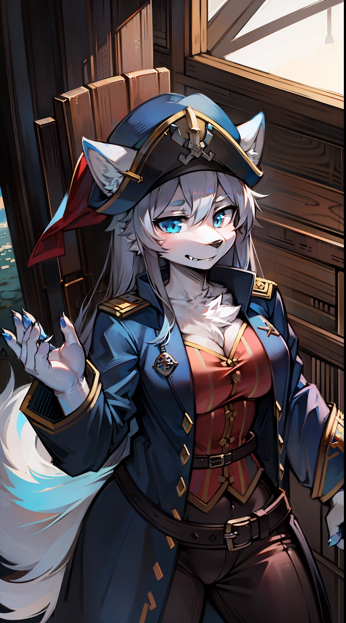 Pirate suit，Big-tailed wolf，female，blue color eyes，grey long hair，pirate ships，Captain cap