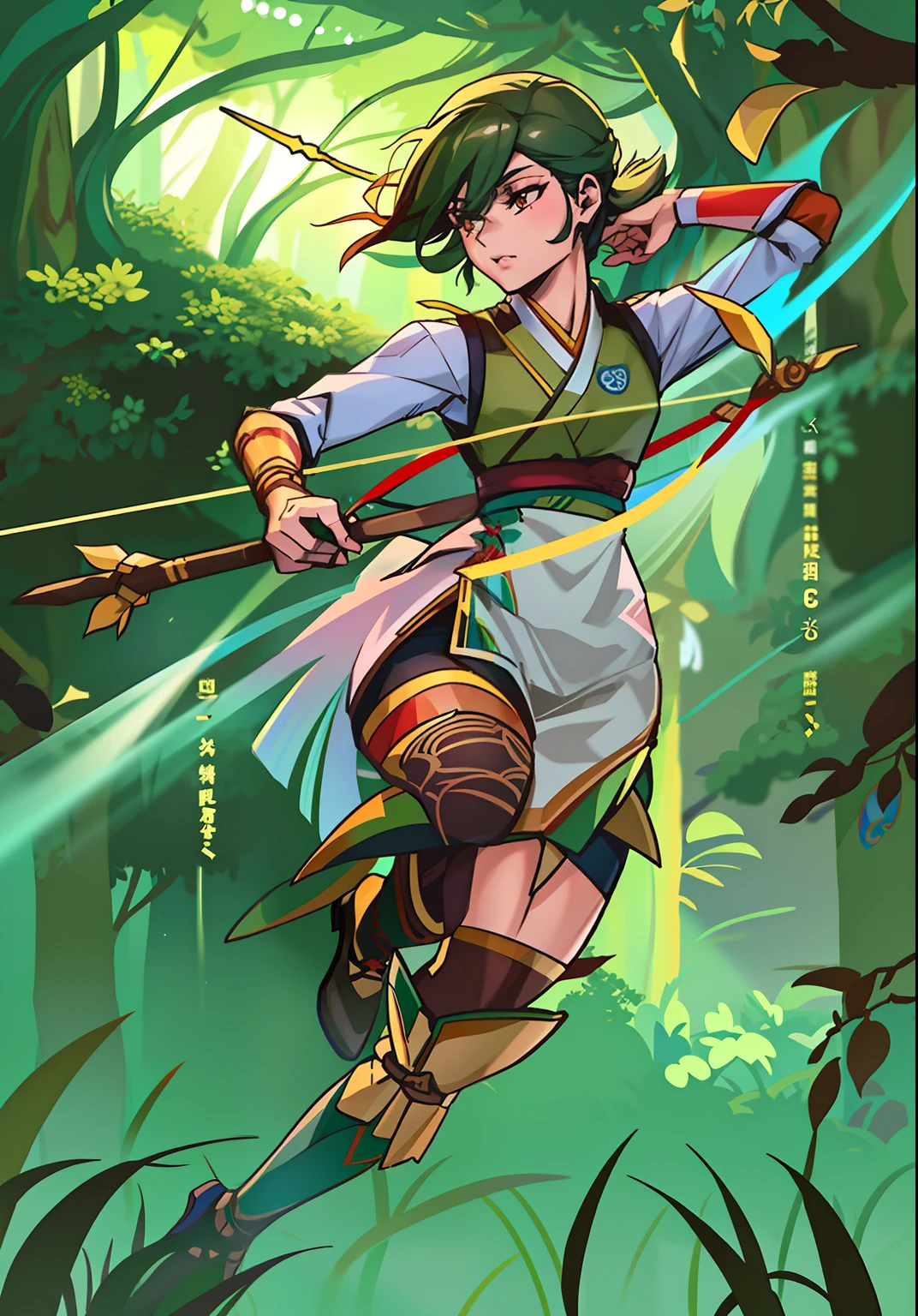 A female archer in the woods in an anime style with great detail，Created by Yang J，The artistic style of artist Shi Tao，Inspired by the work of Artgerm and Atey Ghailan。Artistic Hunter Lady，Stylistic works are featured in ArtStation and Pixiv with much-anticipated Artgerm creations。