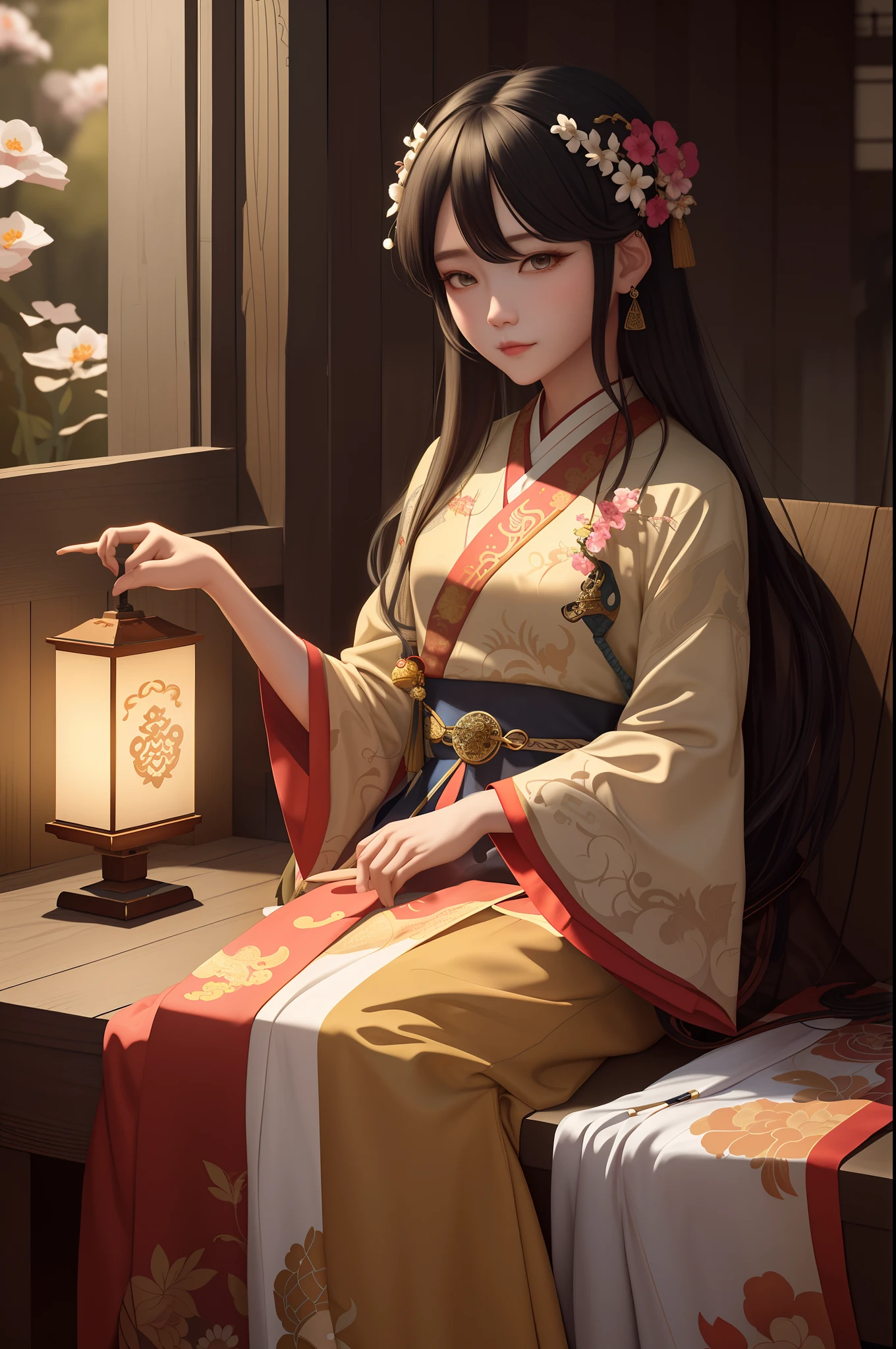 There was a man sitting on a bench with a lamp, Palace , A boy in Hanfu, Guviz-style artwork, Beautiful character painting, Guweiz in Pixiv ArtStation, Guviz, by Yang J, Guweiz on ArtStation Pixiv, Hanfu, Wearing ancient Chinese clothes,