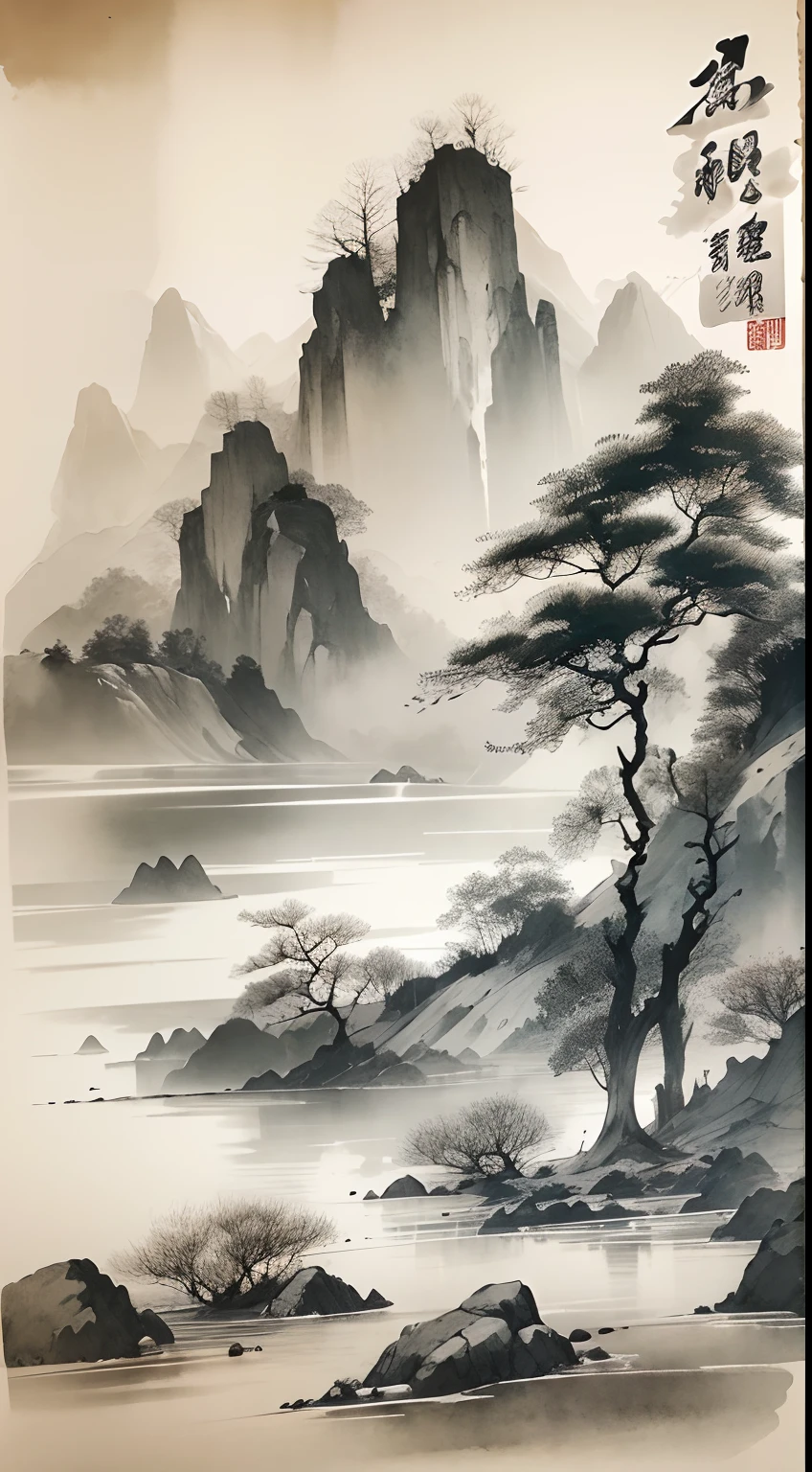 ink and watercolor painting,Draw on rice paper,Use thick and light ink to create light and dark variations and layers,Pick the right ink color,Such as deep black、Thick gray、Light coffee, etc,to express different situations and atmospheres,Control the gradient and transition of ink color by the humidity and consistency of the ink,mont,Eau,the trees,Lake surface,Small broken boat,Bleak, Desolate, Solitude,Black and white tones,dead tree, Traditional Chinese Ink Painting, Traditional Chinese art, author:Guo Xi, author:Ma Yuanyu, Traditional Chinese painting, author:Xu Xi, author:Luo Mu, author:Yang Buzhi, author:Li Kelan, author:Gu An, Ink painting ) ) ) ), Chinese ink painting, Chinese painting style