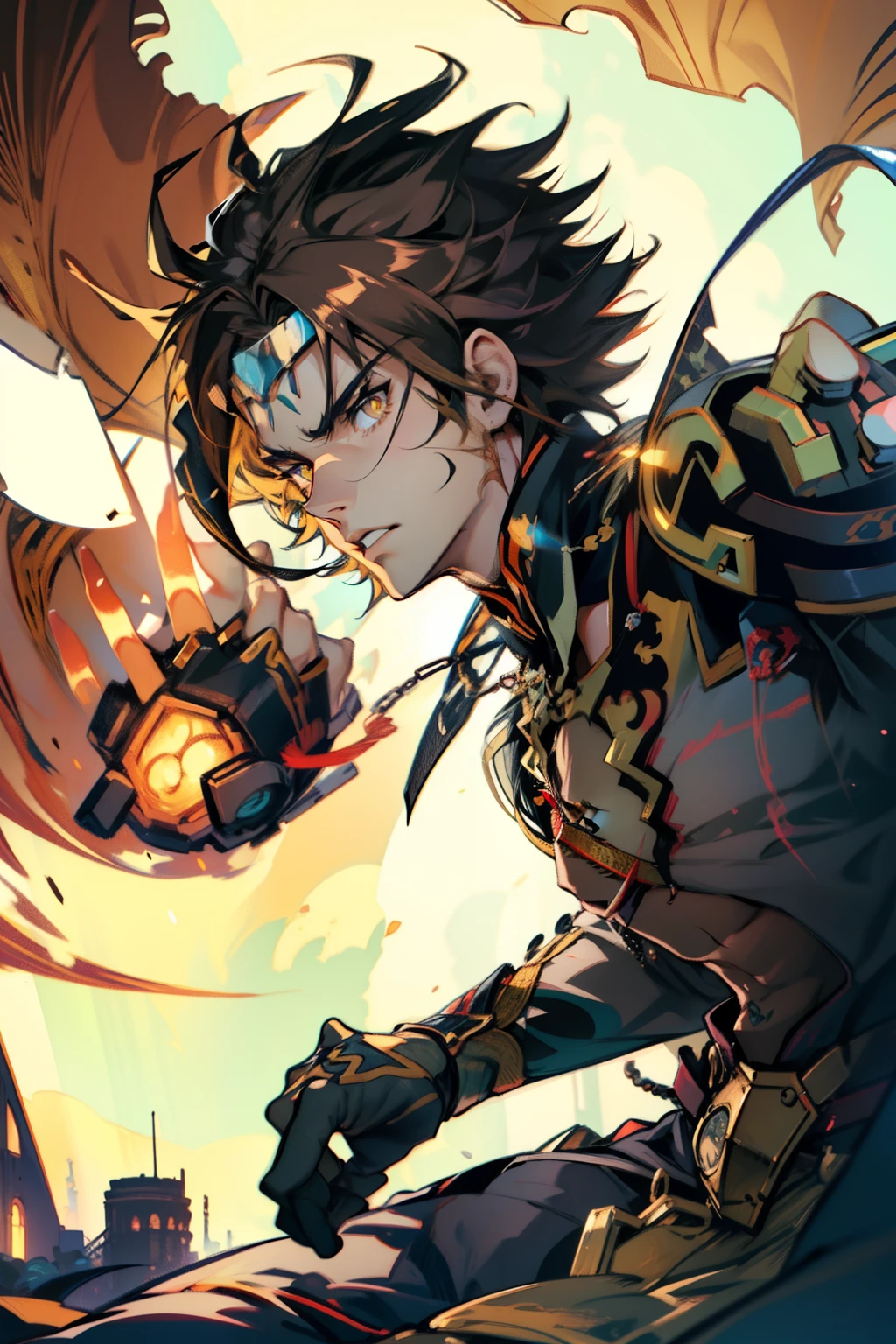 male people,((Masterpiece)), ((Best quality)), Ultra detailed,((illustration)), Dynamic Angle, Detailed light, (Delicate eyes), Floating, 1boy, Male focus, Head, Clothing, Yellow eyes, necklace, tattoo,hijabi sluty, (Forehead:0.8), (ahoge:0.8), jewelry, apathy,Ray, chest muscle, Sexy ,frontage,style of anime4 K, 4K anime wallpaper, Badass anime 8 K, 4 k comic wallpaper, young anime man, Anime boys, Anime wallpapers 4 k, Anime wallpaper 4K, High quality anime art style, Anime moe art style, Anime art wallpaper 8 K, Anime art wallpaper 4 K, RGB lighting