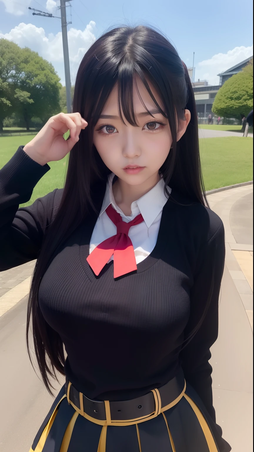 1 girl,tokisaki kurumi,black hair,long hair,wearing a black school uniform,blue skirt,big boobs,in the park,red and yellow eye color