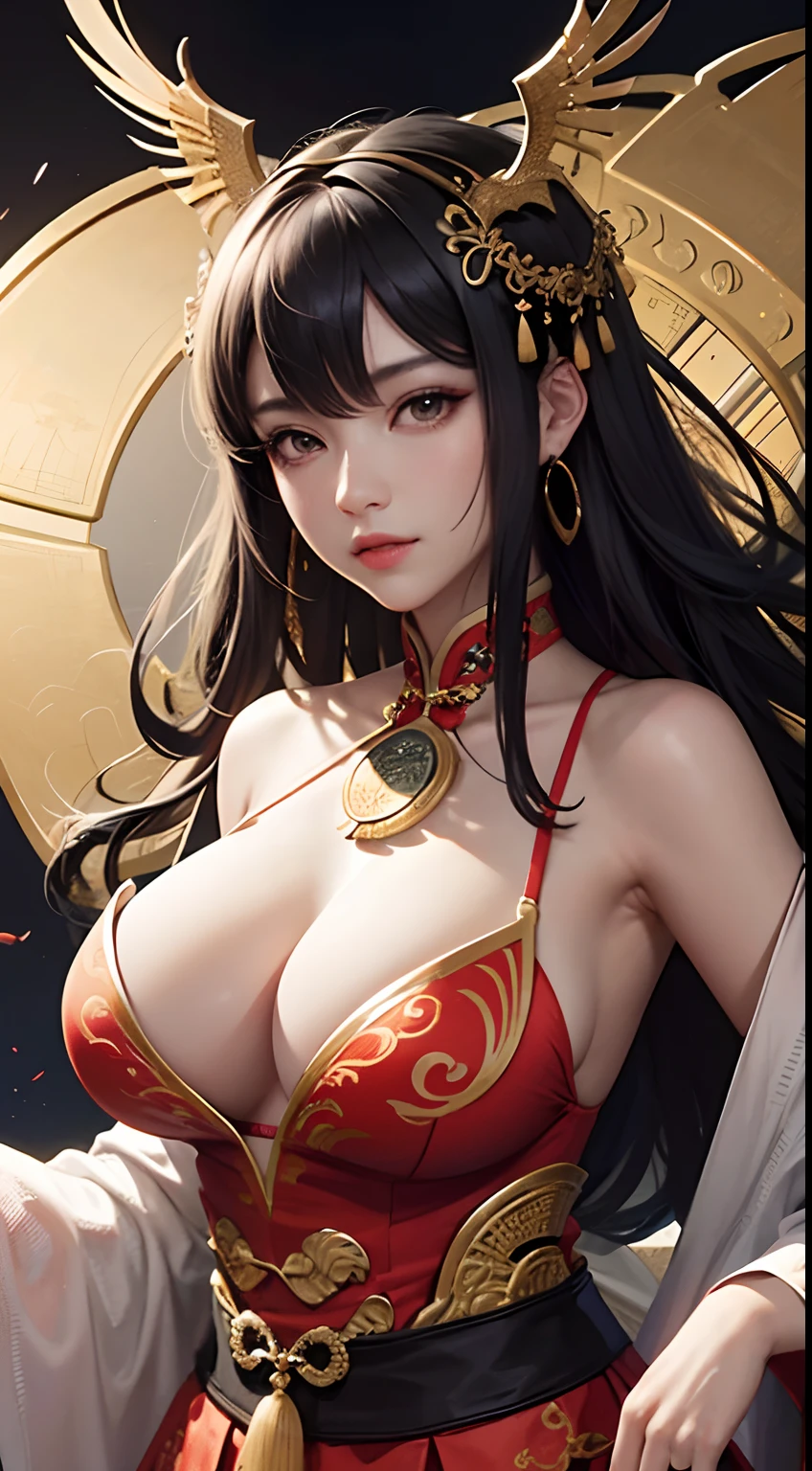 offcial art,统一 8k 壁纸,ultra - detailed,Beauty and aesthetics,tmasterpiece,best qualtiy,(zentangle,tangle,entangle),(s fractal art:1.4),1girl,black color hair,chineseidol,cropped shoulders,short skirt,small thighs,nabel,The is very detailed,dynamic angle,cowboyshot,(Chaos in its most beautiful form),flowy,(vivd colour),OC,(A half body:1.2),Chinese big breasts,(thangka flying sky:1.5),(ribbons:1.3),(dream magical:1.5),(Hanfu:1.5),chinesedragon,Chinese Phoenix,(ssmile:0.5 ),(chinese deity),huge tit,cleavage,Side Body --auto