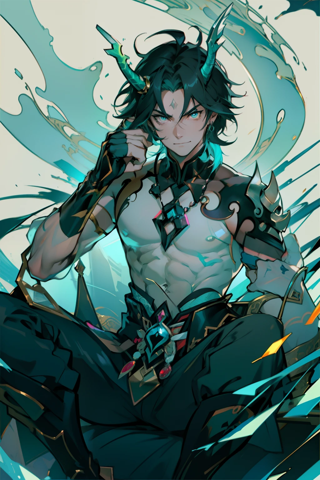 male people,((Masterpiece)), ((Best quality)), Ultra detailed,((illustration)), Dynamic Angle, Detailed light, (Delicate eyes), Floating, 1boy, Male focus, Dragon's horn,tmasterpiece,best qualtiy,1人,独奏,Handsome,Golden eyes,Fine eyes and detailed face,toppless,Tattooed with,arma,seated on a throne,pervert smirk,Abs,chest muscle,Raised sexy,Ruffian,Erlang legs, Clothing, Yellow eyes, necklace, tattoo,, (Forehead:0.8), (ahoge:0.8), jewelry, apathy,Ray, chest muscle, Sexy ,frontage,style of anime4 K, 4K anime wallpaper, Badass anime 8 K, 4 k comic wallpaper, young anime man, Anime boys, Anime wallpapers 4 k, Anime wallpaper 4K, High quality anime art style, Anime moe art style, Anime art wallpaper 8 K, Anime art wallpaper 4 K, RGB lighting
