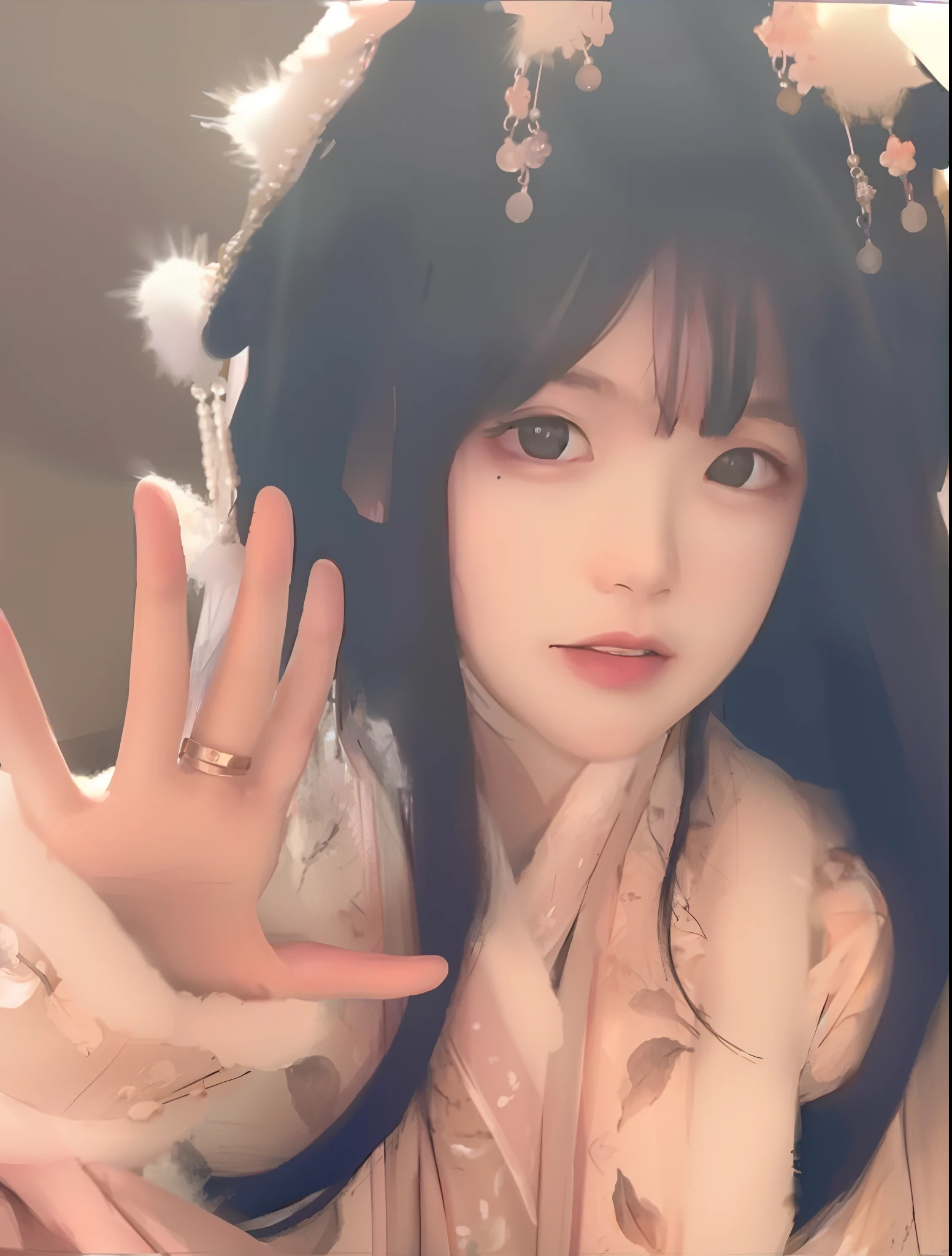 A close-up of a man in a costume holding a mobile phone, Anime girl cosplay, Palace , A girl in Hanfu, White Hanfu, with acient chinese clothes, full-body xianxia, Hanfu, Anime cosplay, Anime girl in real life, ulzzangs, kanliu666, 8K)), cute beautiful,no clothes are worn,nakeness