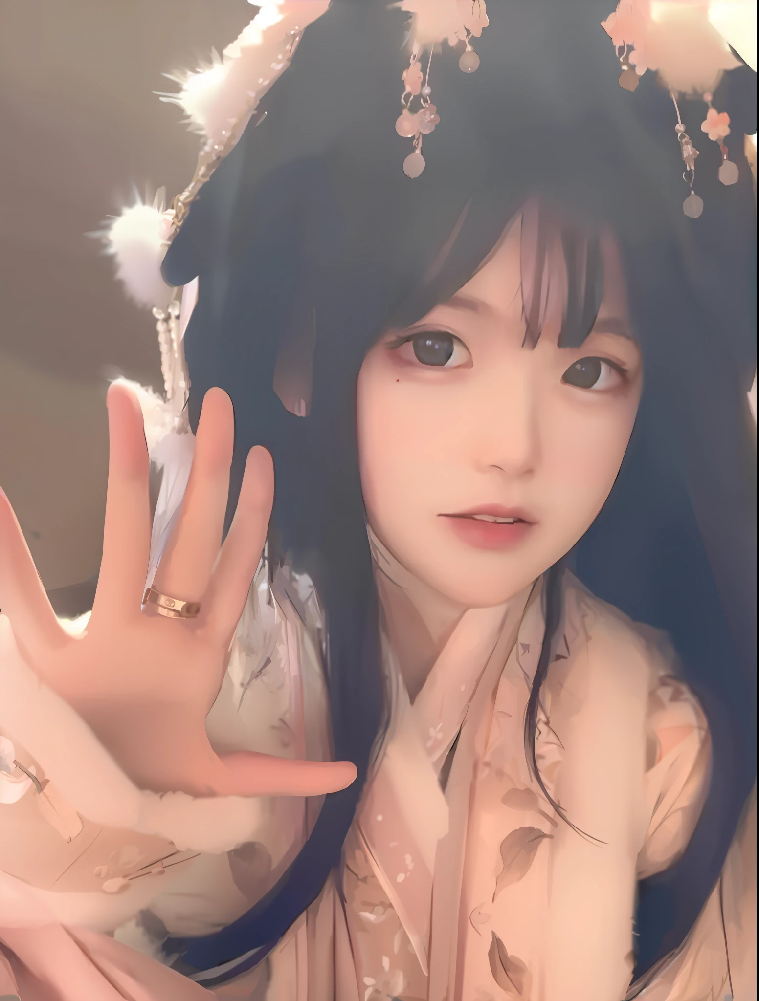 A close-up of a man in a costume holding a mobile phone, Anime girl cosplay, Palace , A girl in Hanfu, White Hanfu, with acient chinese clothes, full-body xianxia, Hanfu, Anime cosplay, Anime girl in real life, ulzzangs, kanliu666, 8K)), cute beautiful,no clothes are worn,nakeness