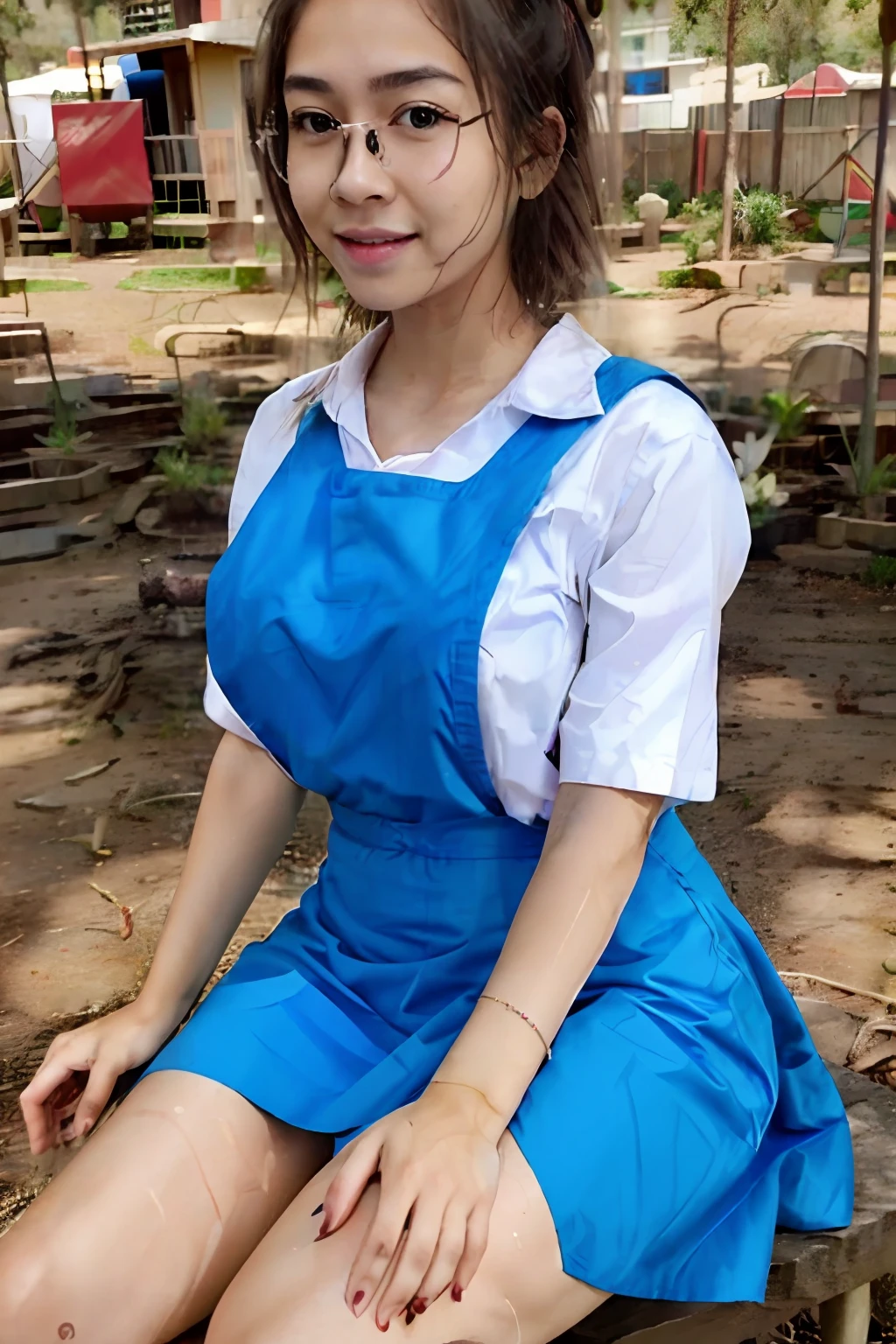 Portrait photo of a malay girl, malaysian, nerd, glasses, posing, look at a camera, big breast, full body, detailed skin, realistic skin, detail skin texture, camel toe, backlit, (perfect smooth fair skins:1.3), (full body:1.5), (1girl), (8k, RAW photo, best quality, masterpiece:1.2), (realistic, photo-realistic:1.37), (exquisitely detailed), ultra_color, (realistic), high quality, ultra detailed, (Real picture), (realistic skin), (intricate details), (dramatic_light), (beautiful_detailed_light), ultra_color, professional lighting, (seductive pose), highres, extremely detailed,cinematic lighting, (beautiful big eyes),black hair, blue eyes, round eyes, pretty face, Blushing face, light smile, high nose bridge, mature girl, (a 18 years old beautiful malay girl), (a face of perfect proportion), (high nose), beautiful composition,dark skin, nice hands, perfect hands, (ponytail | short hair) msc, bwc, (schoollogo:1.3),blue uniform,skirt, ((outdoor, school,school playground, playground, trees)),looking at viewer,(sitting:1.4), best shadow,front view,(from below:1.4), steaming body,(smiling:1.1), blush, getting wet, sweaty, embarrassed, (spreading leg:1.2), ((skirt lifted shows panties)), ((panties white flower pattern:1.2))