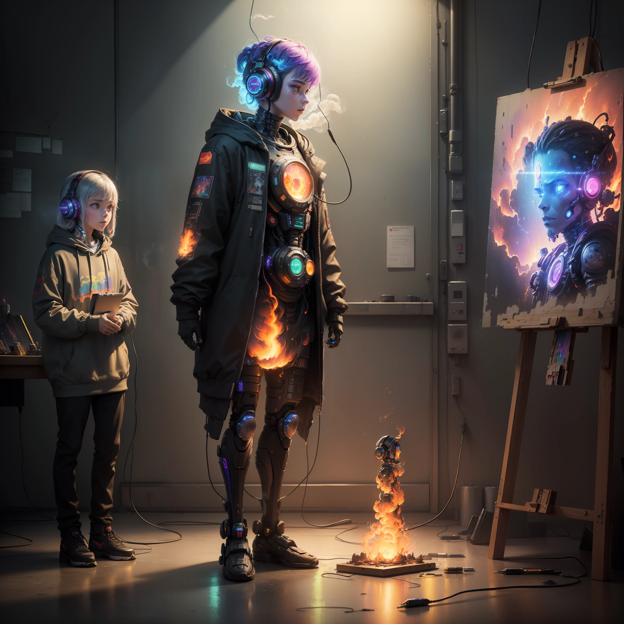 (Masterpiece, Best Quality, High Resolution, Absurd, Detailed: 1.2), Humanoid, Robot, Wearing Headphones, Looking Away, (Cyberpunk, Art Canvas, Brush, Easel, Rainbow Colors, Holographic: 1.6), Male, (Cable, Wire, Flame, Fire, Smoke, Overheating, Explosion, Indoor, Room, Simple Background)