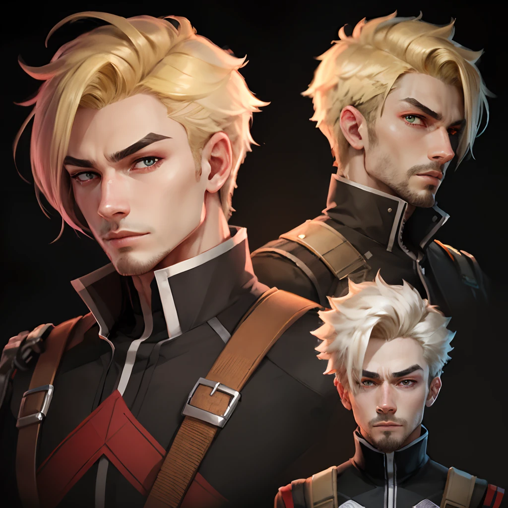 Two-dimensional style male character，blond hairbl，Looks sultry，The eyes are red，Prototype Kavi