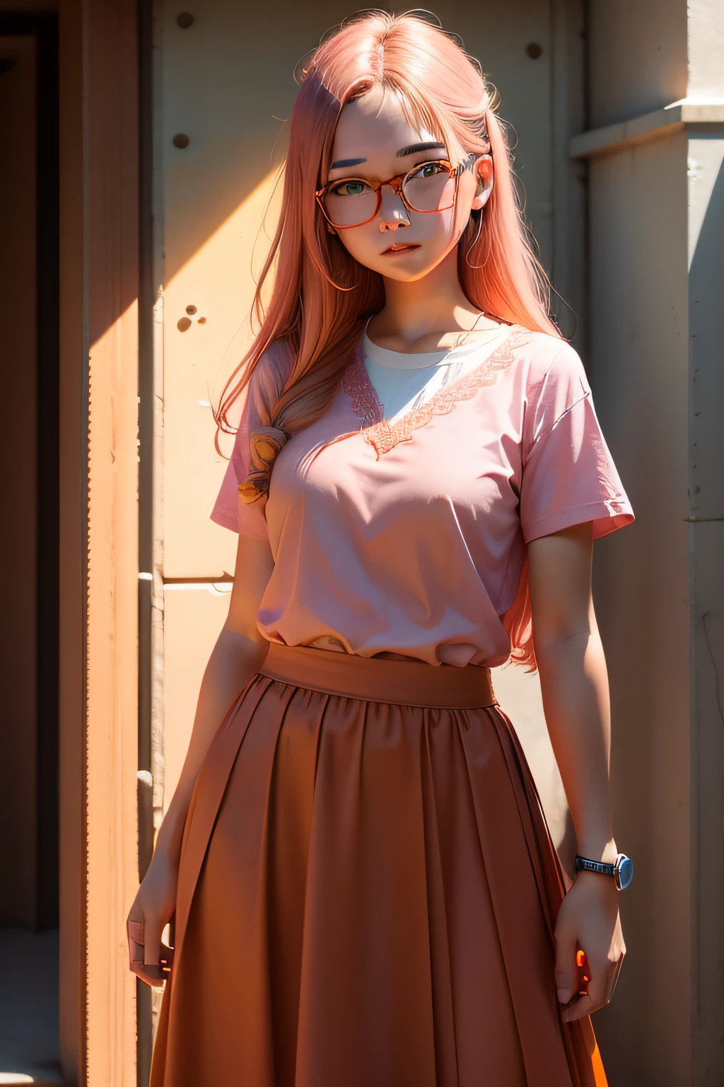 Dopamine realistic style,Young teenage girl,Wear pink glasses,orange tint,long skirt,Bust photo,Realistic details,Vivid textures,Color saturation,contrast of light and shadow,Comic style。