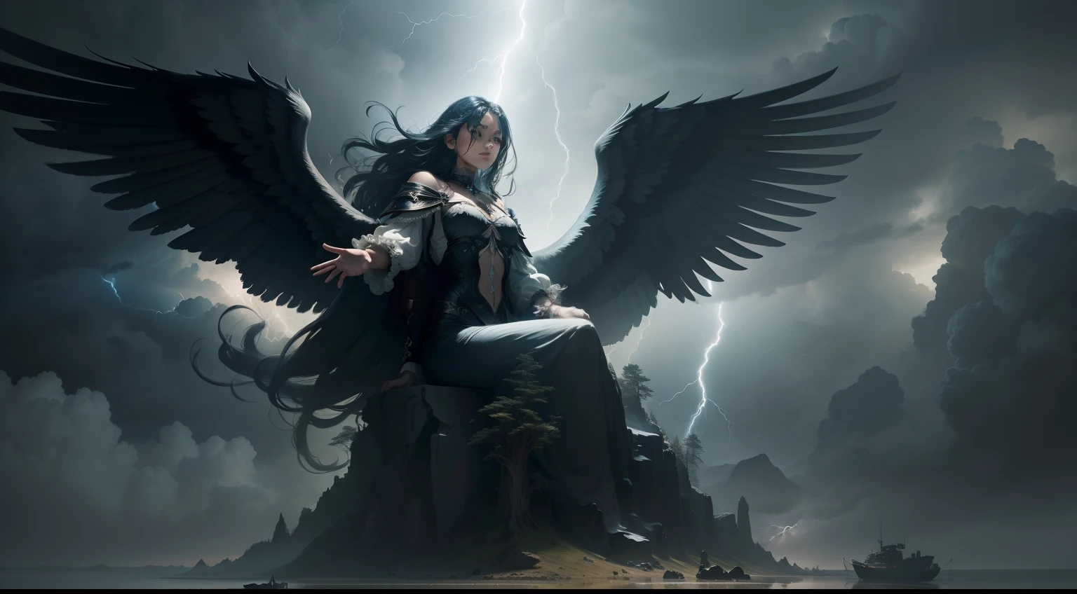 Fallen angels descending to Earth, with imposing wings and majestic features, in a stormy night setting. The scenery is bleak, with charged clouds and lightning illuminating the sky. Human women look at angels with wonder and awe. Estilo: hiper-realismo, altamente detalhado, inspirado em pinturas renascentistas de anjos e seres celestiais. Uplighting: contraste alto com foco nos anjos, illuminated by lightning. Cores: tons escuros com destaque para os dourados e prateados das asas dos anjos. compositing: Canon EOS 5D Mark IV DSLR camera, EF 50mm f/1.8 STM lens, Resolution 30.4 megapixels, ISO sensibilidade: 32,000, Velocidade do obturador 1/125, diffuse backlighting. --ar 16:9 --v 5.1 --style raw --q 2 --s 750