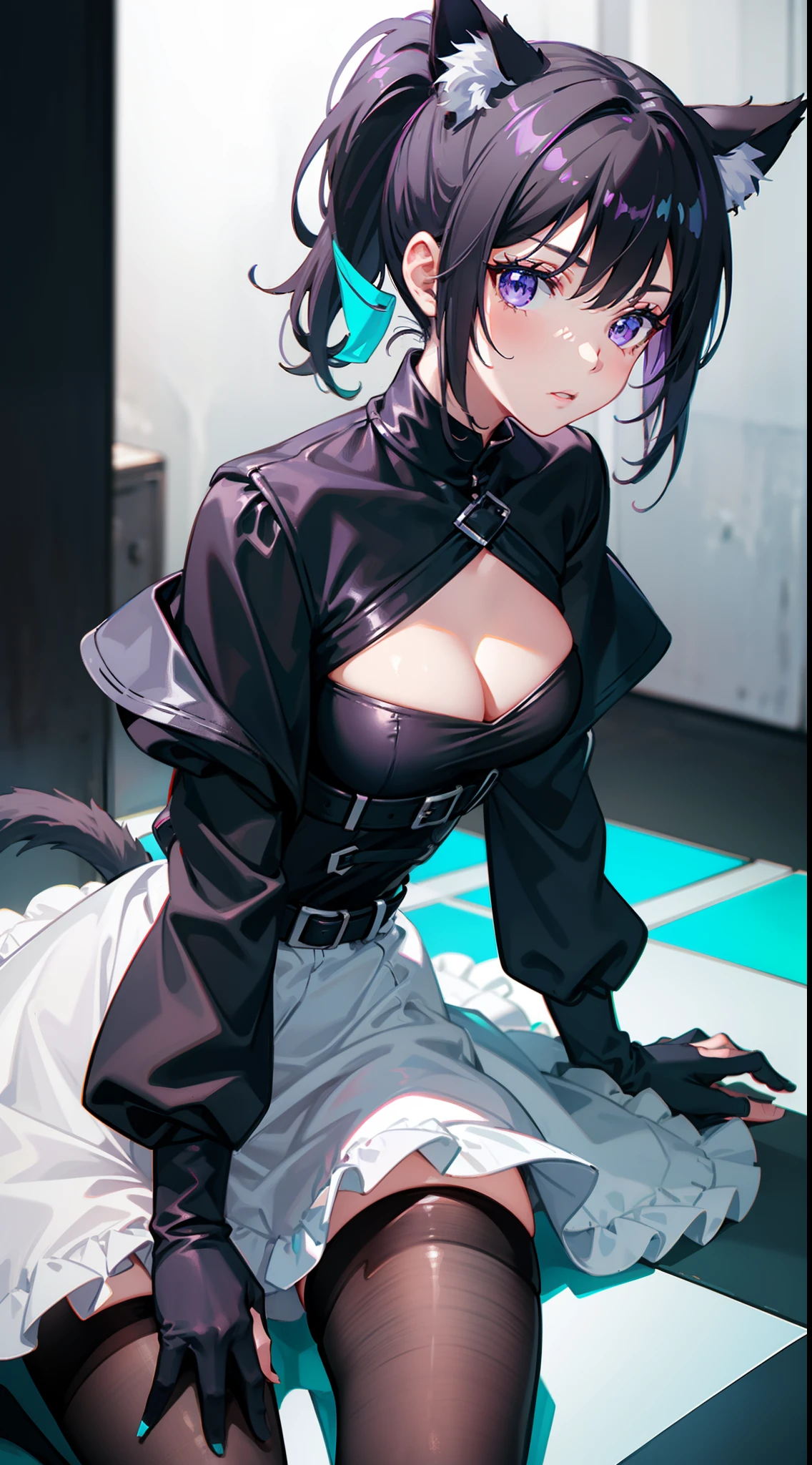 young girl, short gray hair, cat ears, high ponytail, violet eyes, Black leather tight top, white puffy sleeves, black skirt, pantyhouse, turquoise cloak, open breasts, Masterpiece, hiquality