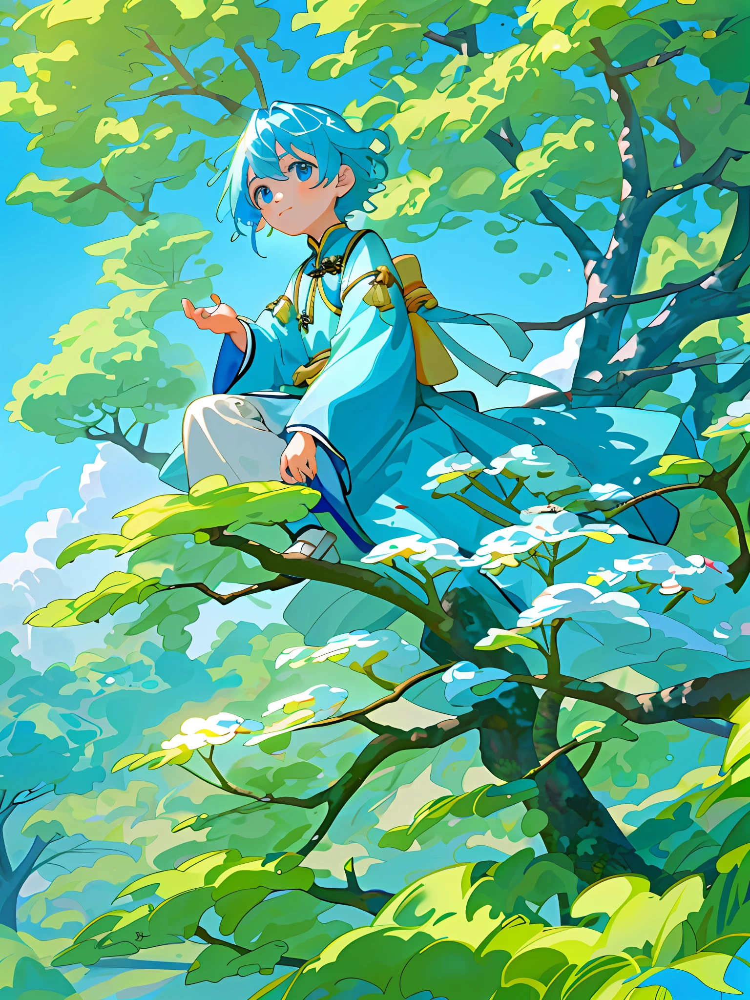 4K,A masterpiece,tmasterpiece,high qulity,A boy,A child with light blue hair and blue eyes,Clear eyes,oil painted,Q version,White long sleeves,Chinese children's clothing,Under the tree,Sit back and watch the sky,Green trees,nature harmony,peacful,Soft image quality,In the shade