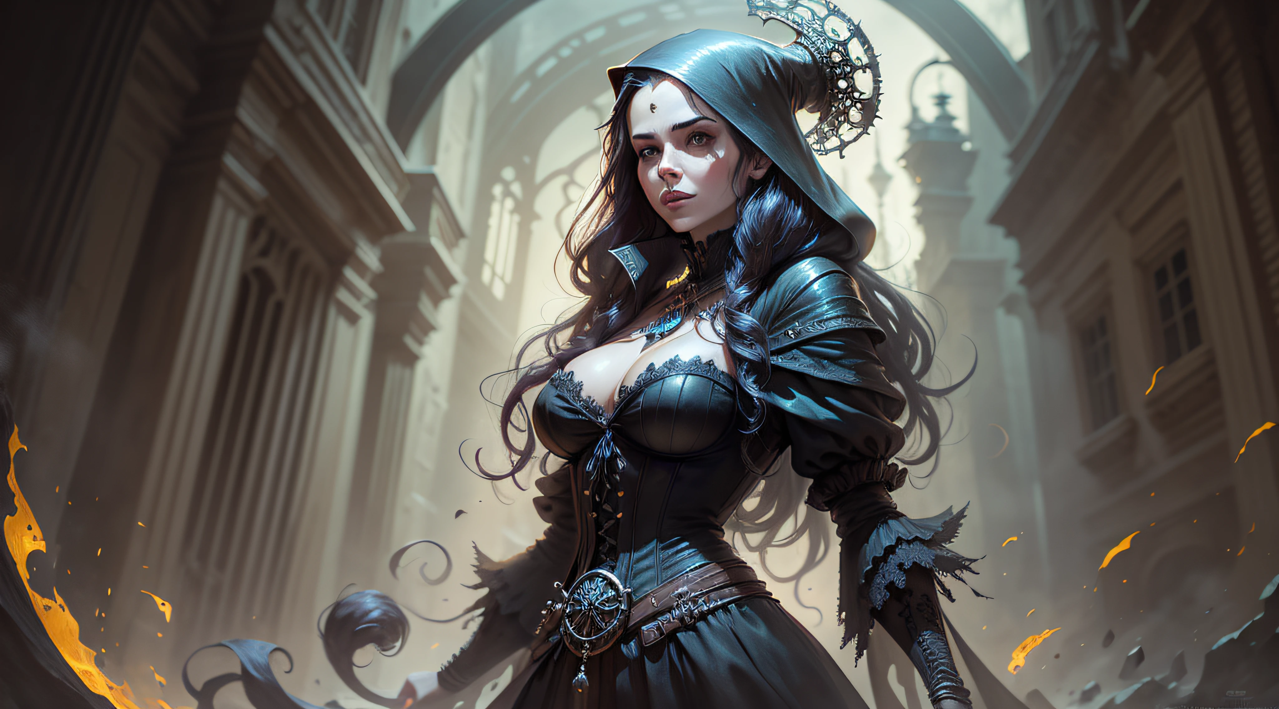 Una mujer con un vestido negro con cabello largo y una espada, dark fantasy style art, dark fantasy character design, in style of dark fantasy art, Yennefer de Vengerberg, Negro - Mago de pieles, retrato de una hechicera, Dark fantasy magician, dark fantasy art, Una hermosa hechicera, Yennefer, dark fantasy concept art. cuerpo completo.