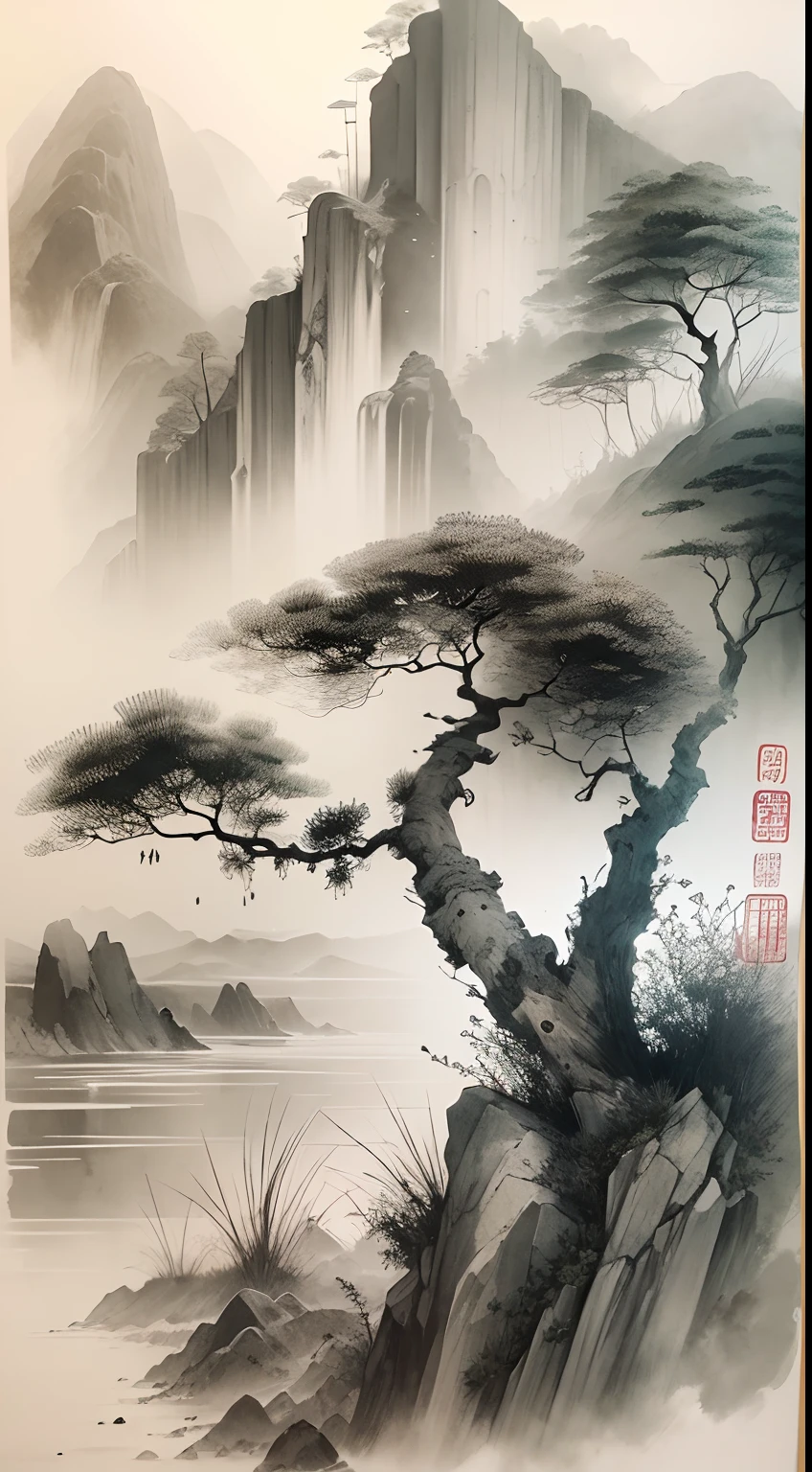 ink and watercolor painting,Draw on rice paper,Use thick and light ink to create light and dark variations and layers,Pick the right ink color,Such as deep black、Thick gray、Light coffee, etc,to express different situations and atmospheres,Control the gradient and transition of ink color by the humidity and consistency of the ink,mont,Eau,the trees,Lake surface,Small broken boat,Bleak, Desolate, Solitude,Black and white tones,dead tree, Traditional Chinese Ink Painting, Traditional Chinese art, author:Guo Xi, author:Ma Yuanyu, Traditional Chinese painting, author:Xu Xi, author:Luo Mu, author:Yang Buzhi, author:Li Kelan, author:Gu An, Ink painting ) ) ) ), Chinese ink painting, Chinese painting style