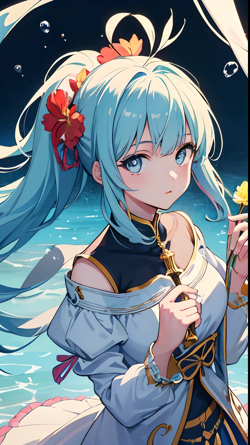 (masterpiece), (best quality), (ultra detailed),(disheveled hair),(illustration), (1girl), (Fashionable clothing), standing, Fashion model, looking at viewer, (interview), (simple background),beautiful detailed eyes, delicate beautiful face, Floating,(high saturation),(colorful splashes),colorful bubble,(shining), focus on face, ponytail, kamisato ayaka, light blue hair, bangs, hair ring, floating flowers, floating hairs, (shining), best lighting, best shadow,