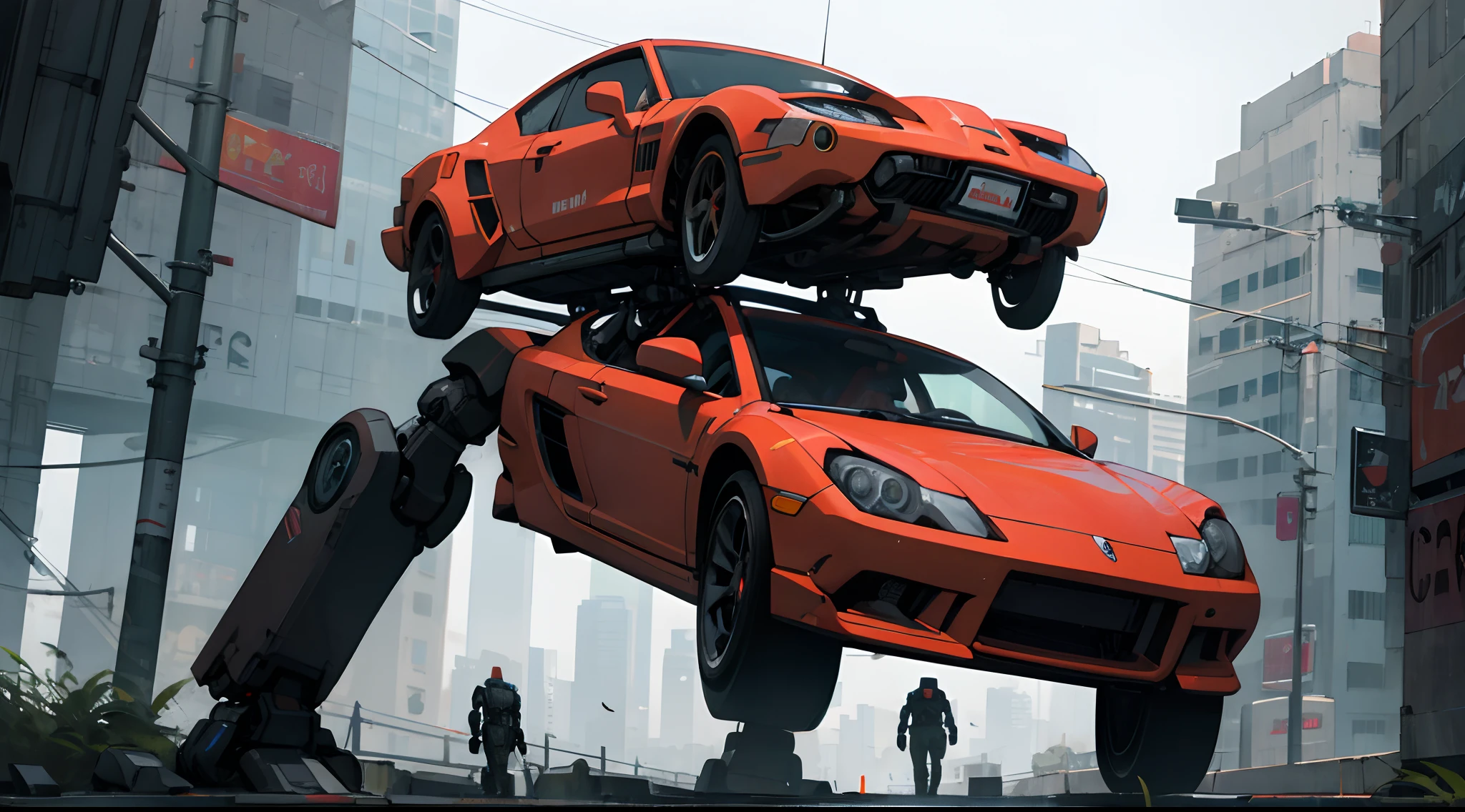 The city of cyberpunk,The car flew in the sky,There are robots and humans on the road