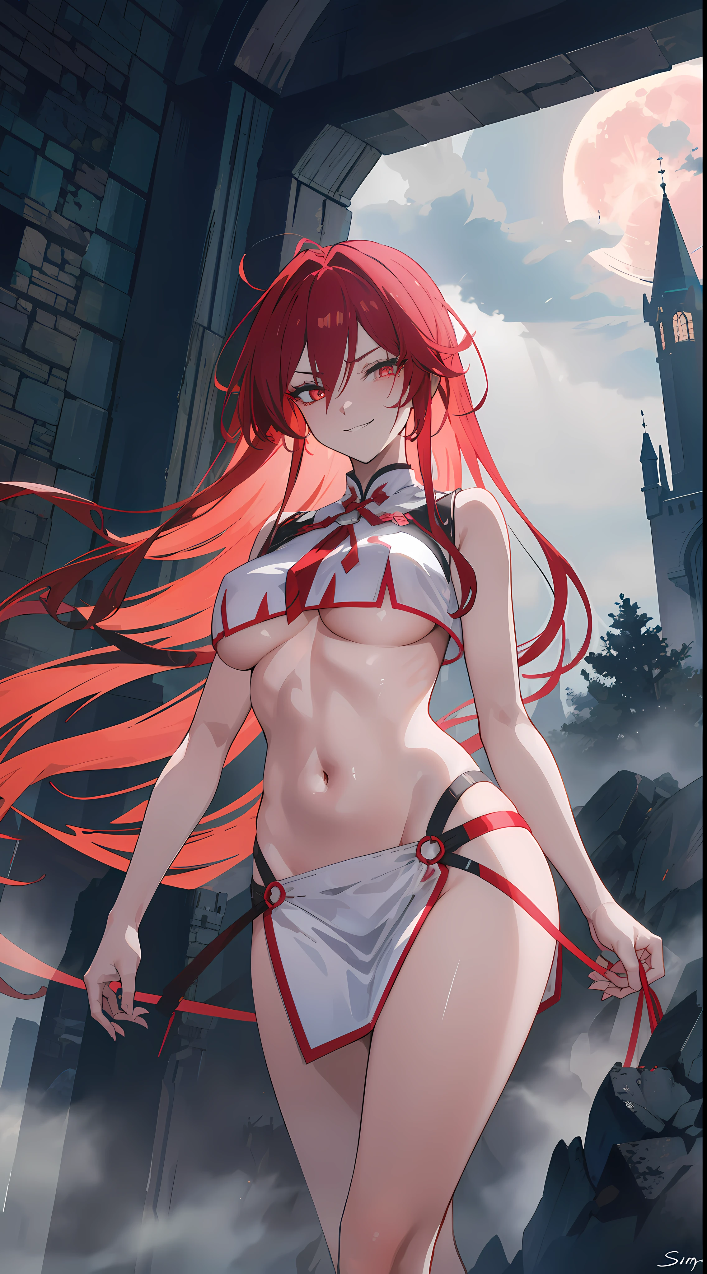 (masterpiece, best quality), glowing eyes, asmodeusoutfit, underboob, smirk, blushing, dark, gloomy, dramatic lighting, fog, mist, god rays, fantasy landscape, night, moon, castle, walking, girl, sexy, close up,
asaemon_sagiri, (solo:1.4)