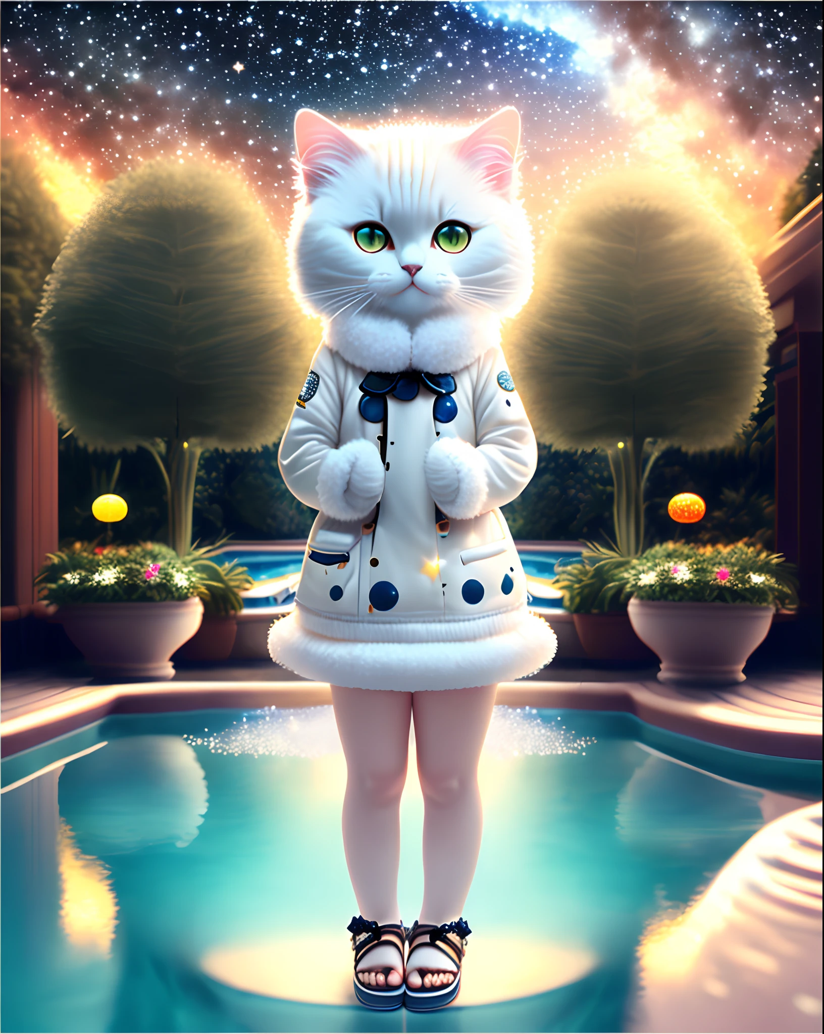 White fur, loli, sandals, full body 3D pool, starry sky, cat ears