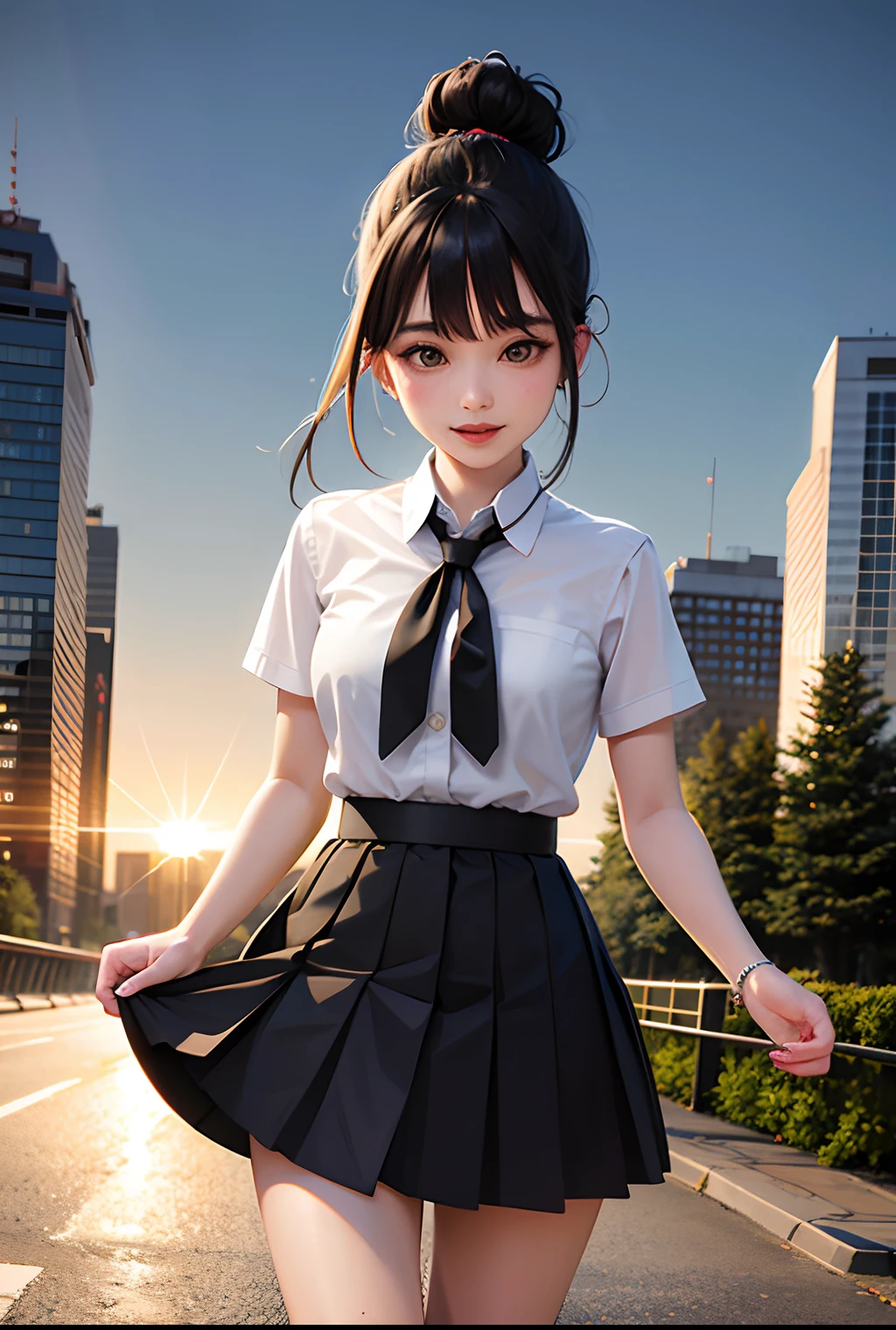 Daisaku,Real Human，short  skirt，（The skirt was blown up by the wind）Need,standing on your feet,black hair bun,in cold face,full bodyesbian,having fun,Light effect,downy,ultraclear,HD picture,(frontage),city scenery,